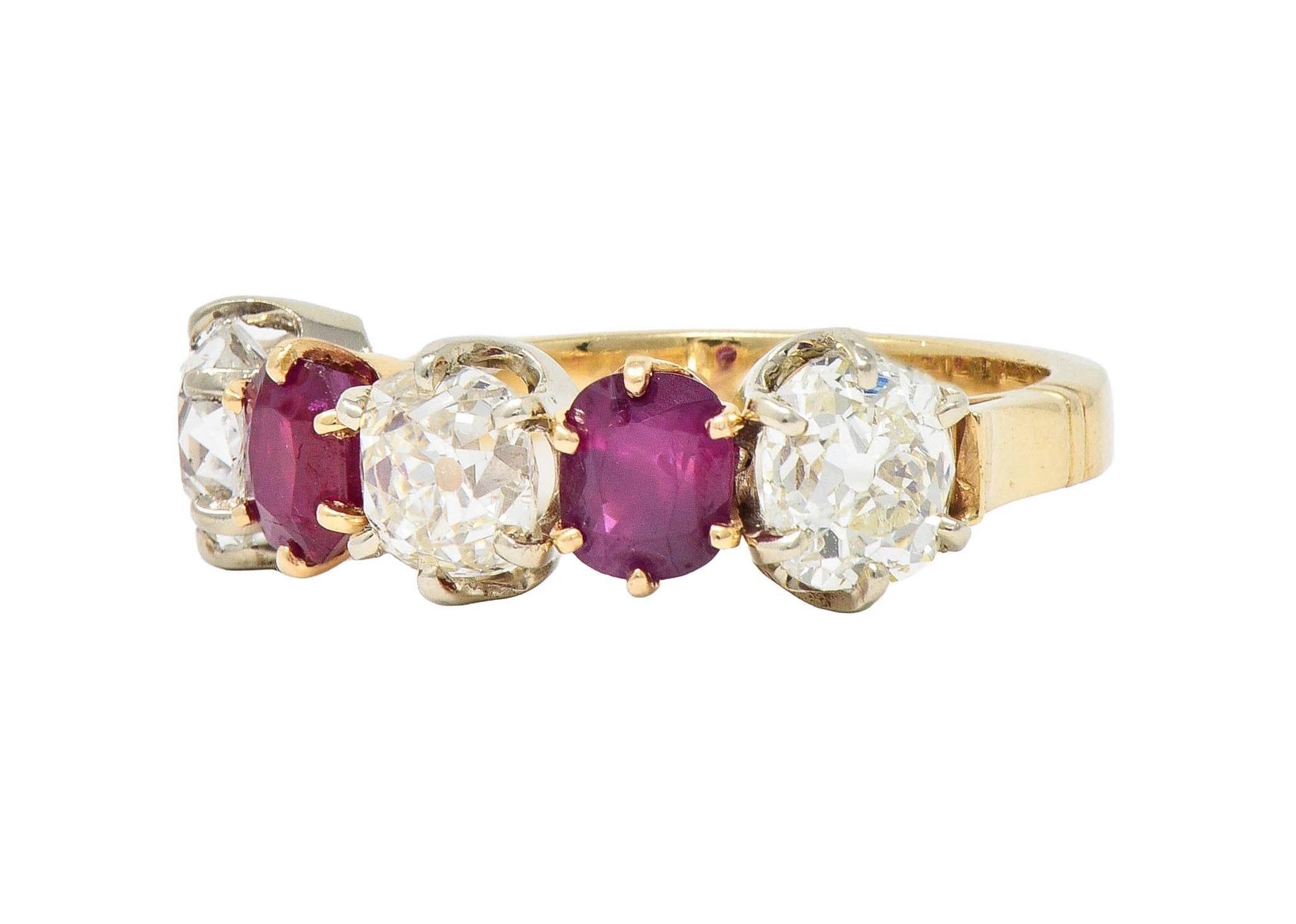 Victorian 3.62 CTW Ruby Old Mine Cut Diamond 14 Karat Two-Tone Gold Band Ring