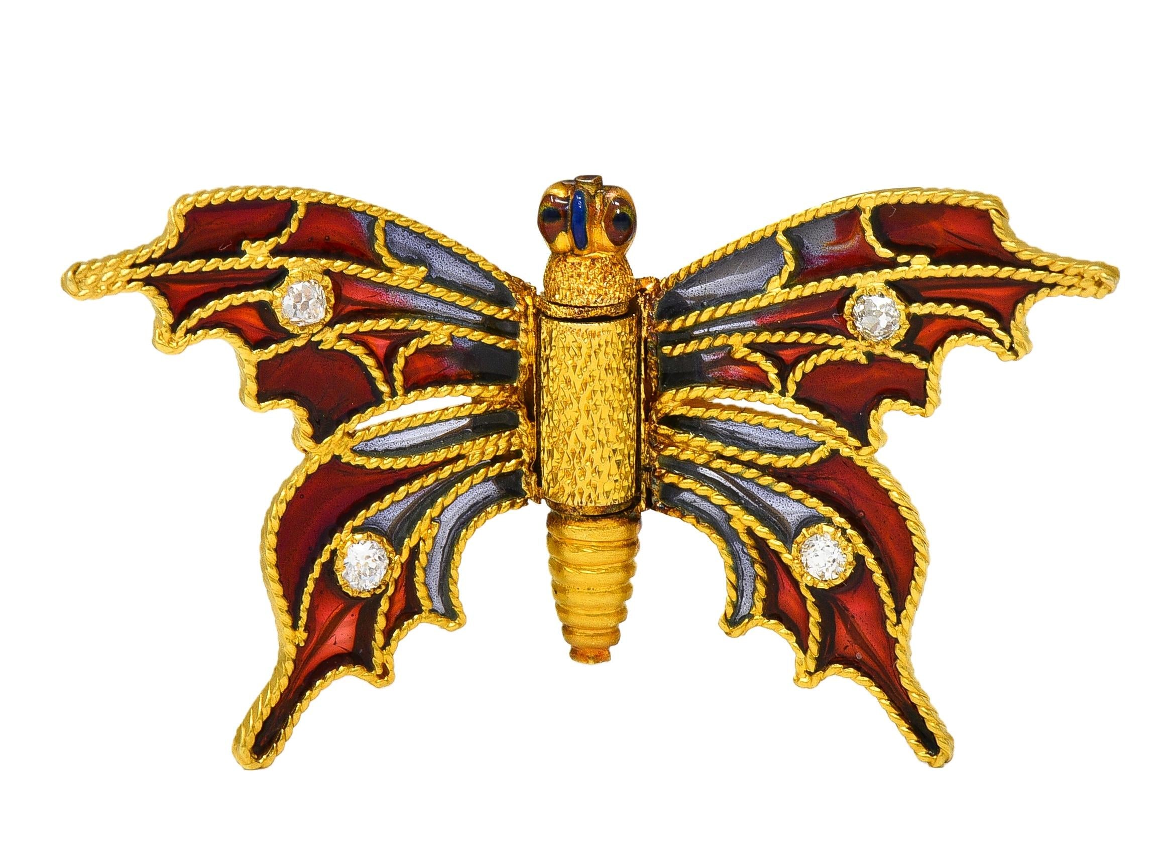 Art Nouveau Diamond Enamel 14 Karat Yellow Gold Antique Butterfly Clip Brooch