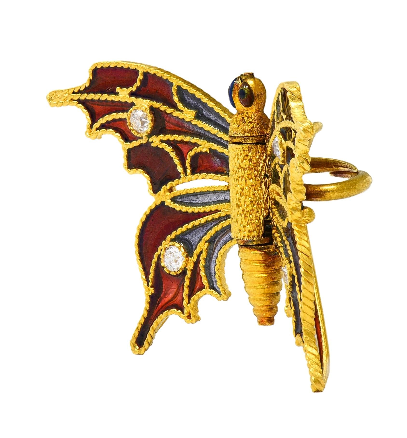 Art Nouveau Diamond Enamel 14 Karat Yellow Gold Antique Butterfly Clip Brooch