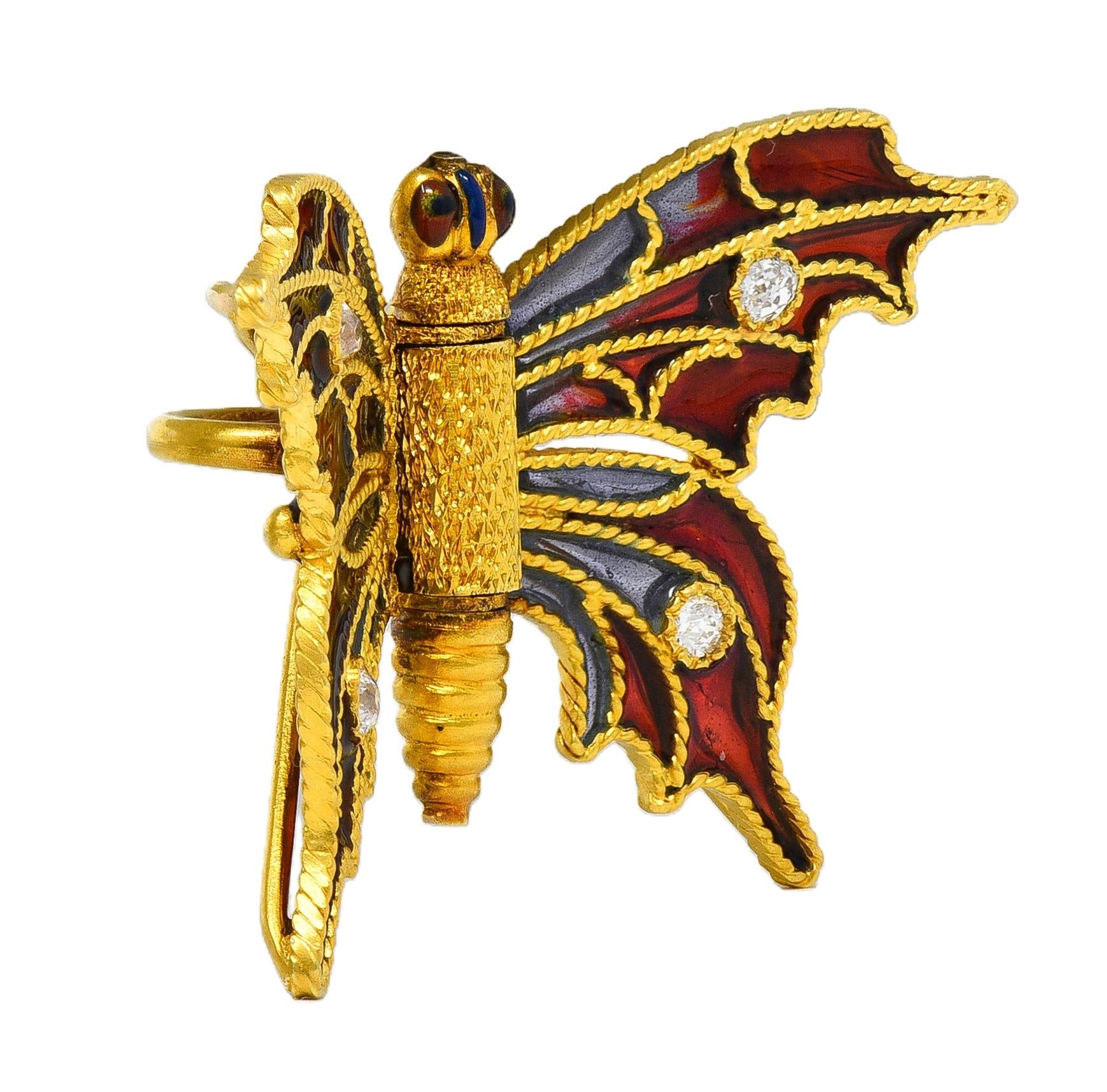 Art Nouveau Diamond Enamel 14 Karat Yellow Gold Antique Butterfly Clip Brooch