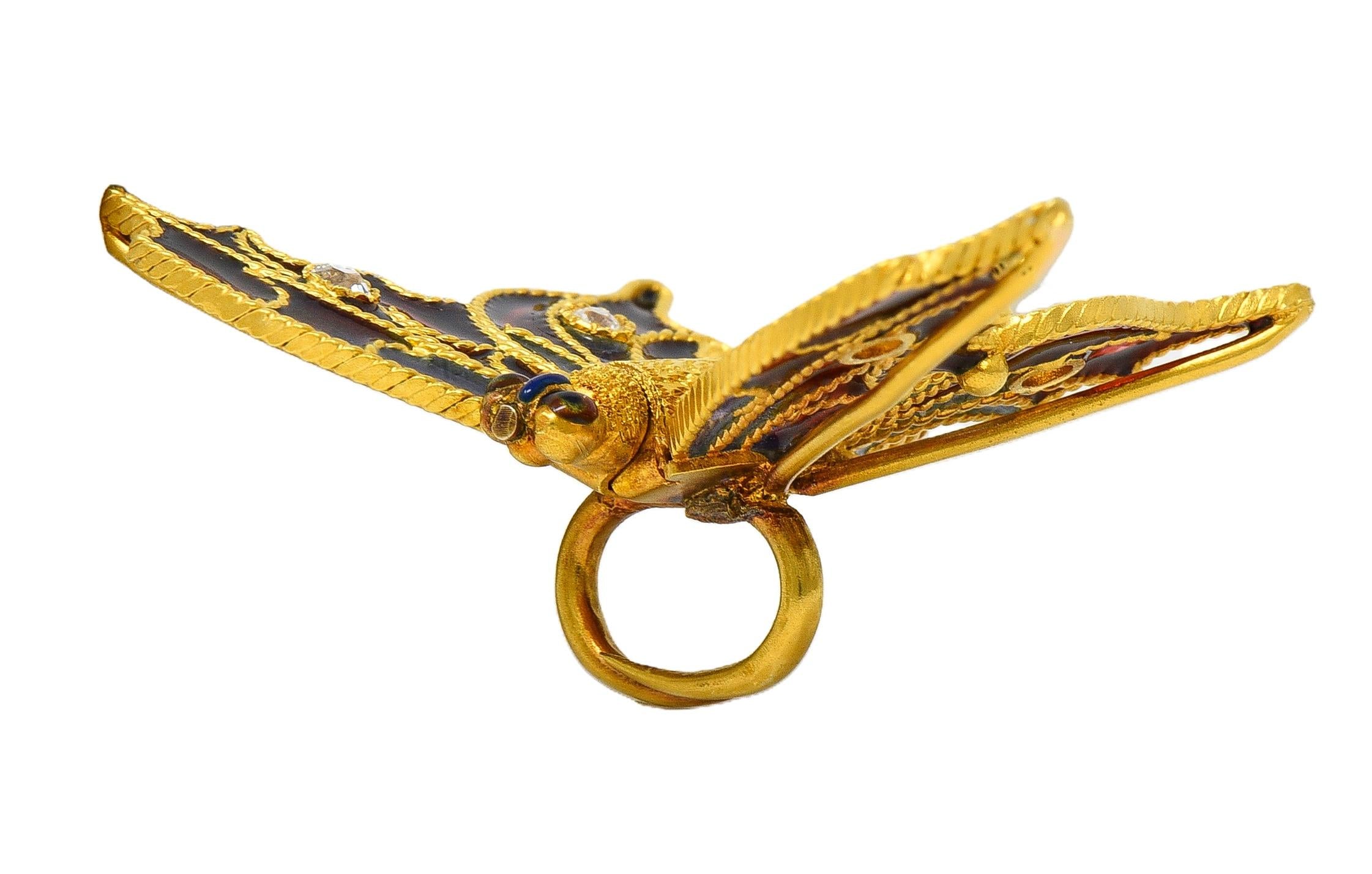 Art Nouveau Diamond Enamel 14 Karat Yellow Gold Antique Butterfly Clip Brooch