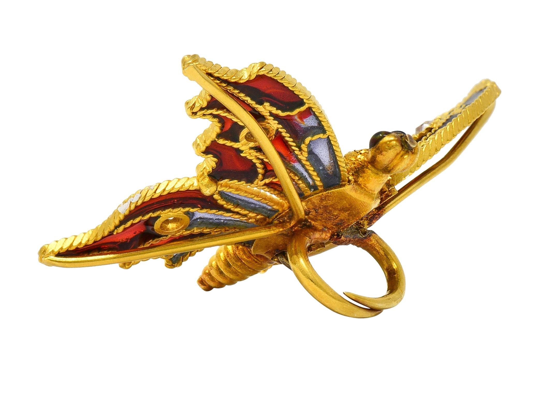 Art Nouveau Diamond Enamel 14 Karat Yellow Gold Antique Butterfly Clip Brooch