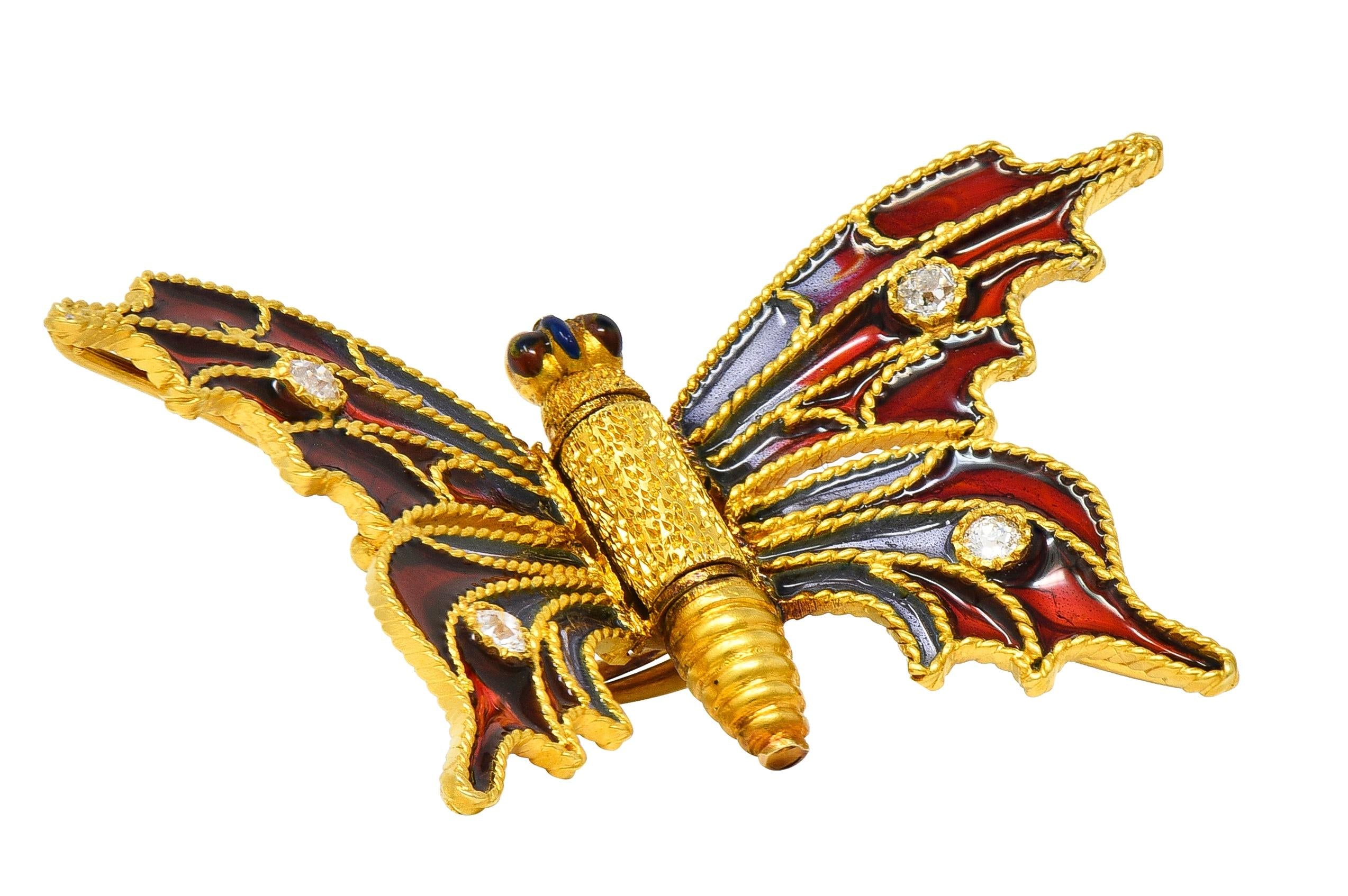 Art Nouveau Diamond Enamel 14 Karat Yellow Gold Antique Butterfly Clip Brooch
