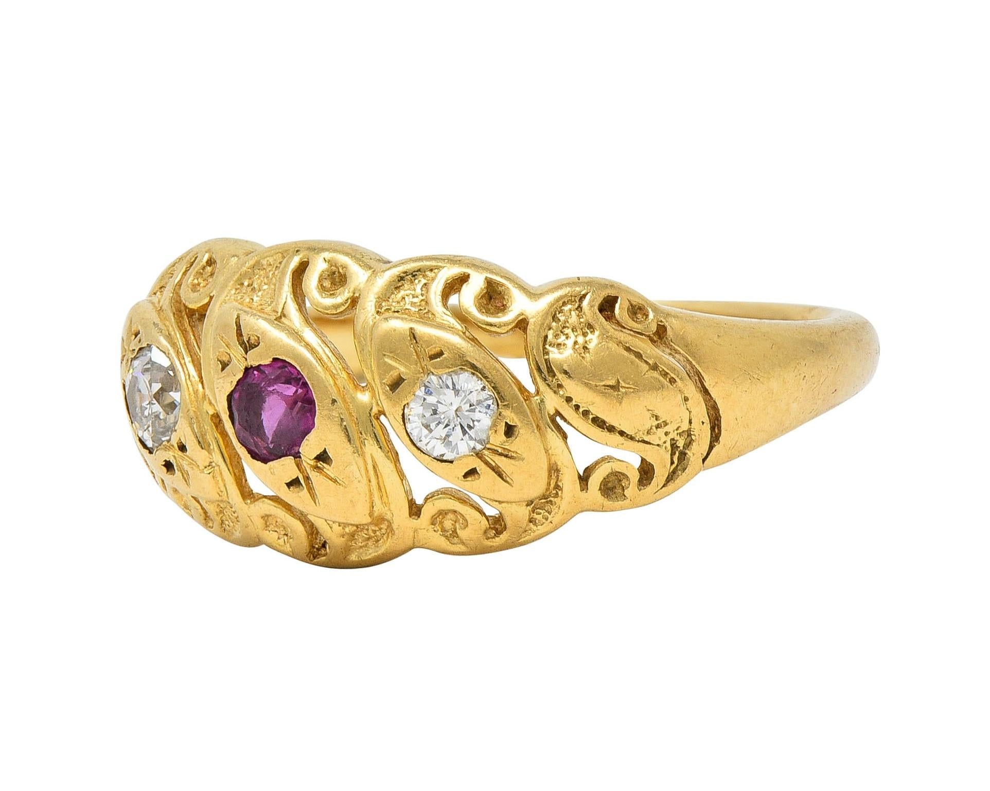 Vintage Ruby Diamond 14 Karat Yellow Gold Triple Snake Band Ring