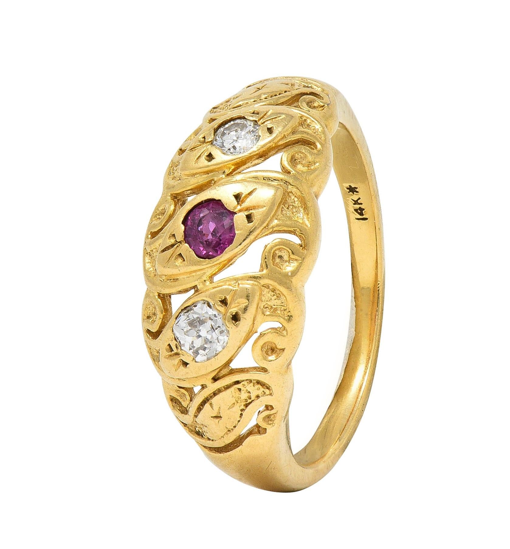 Vintage Ruby Diamond 14 Karat Yellow Gold Triple Snake Band Ring