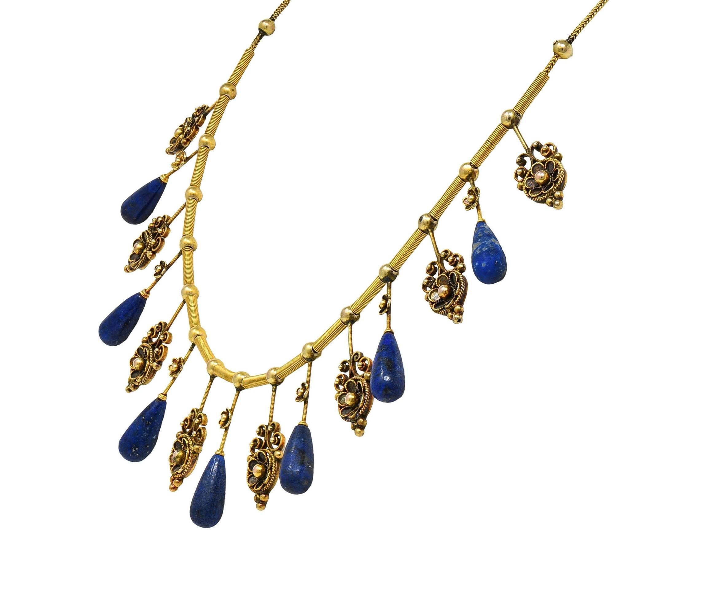 Victorian Etruscan Revival Lapis Lazuli 14 Karat Gold Antique Fringe Necklace