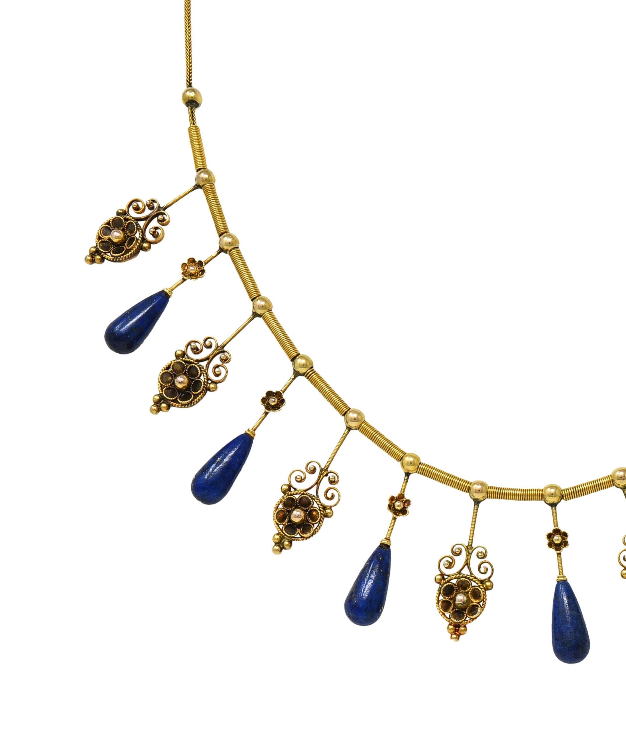 Victorian Etruscan Revival Lapis Lazuli 14 Karat Gold Antique Fringe Necklace