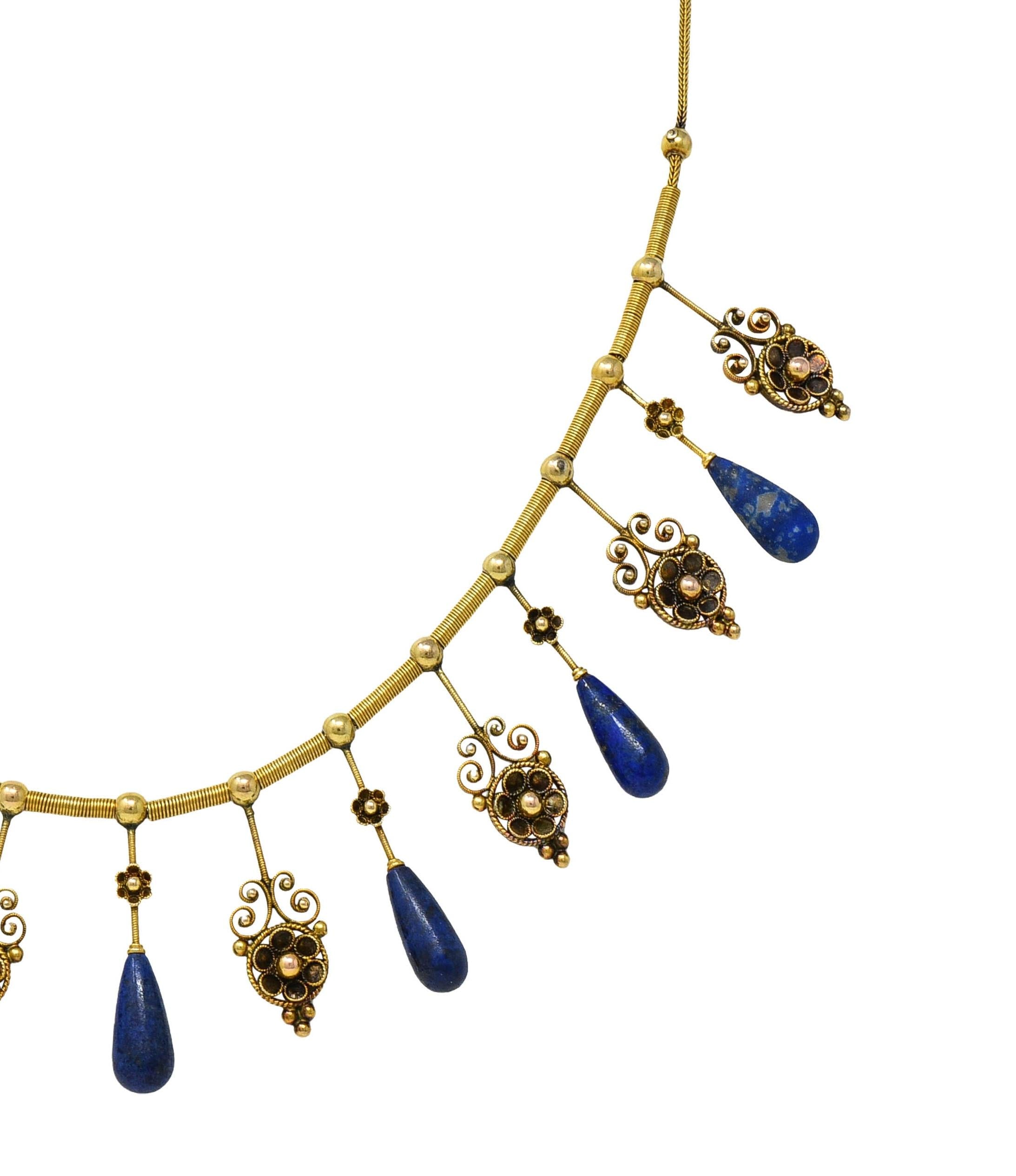 Victorian Etruscan Revival Lapis Lazuli 14 Karat Gold Antique Fringe Necklace