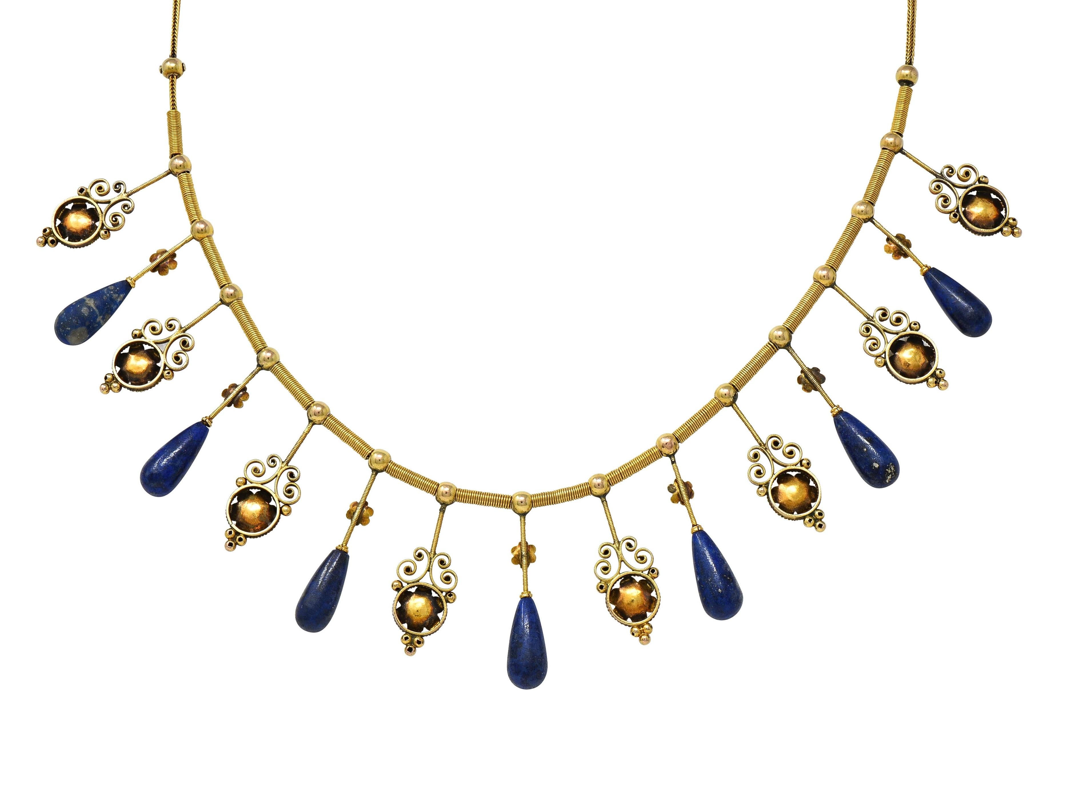 Victorian Etruscan Revival Lapis Lazuli 14 Karat Gold Antique Fringe Necklace