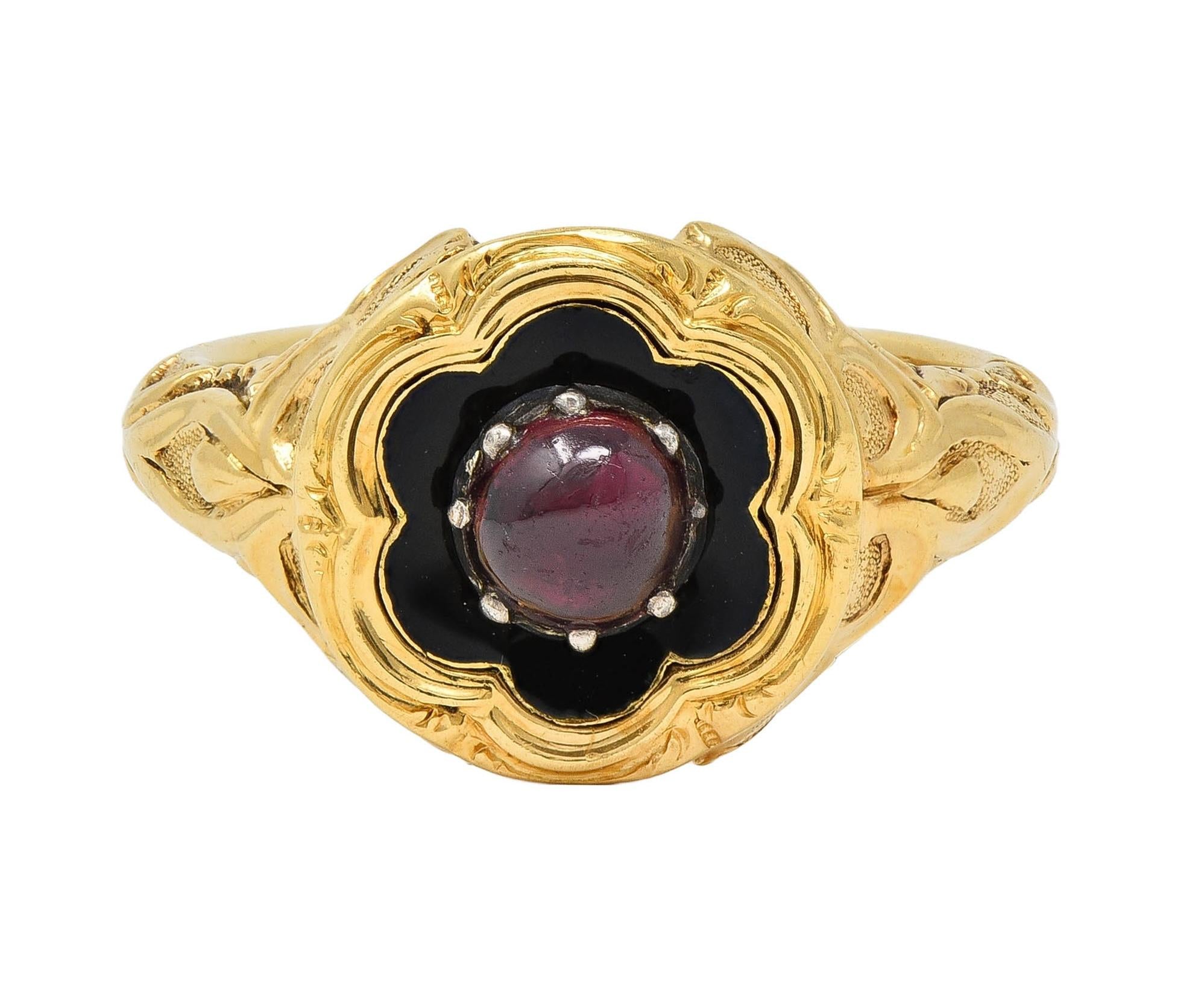 Late Victorian Ruby Enamel 14 Karat Gold Silver Antique Flower Mourning Ring