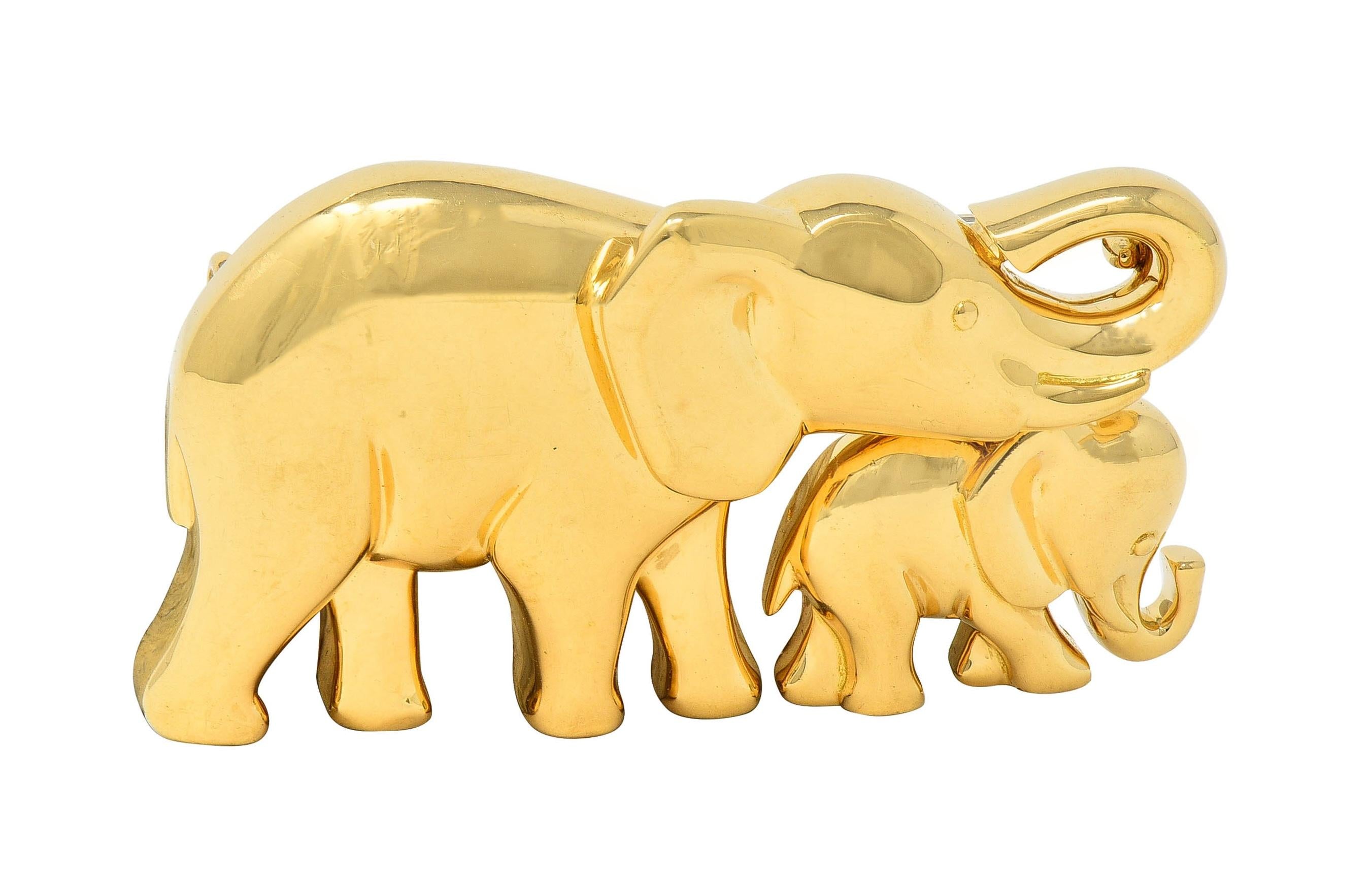 Cartier French 1980 18 Karat Yellow Gold Vintage Mother & Child Elephant Brooch