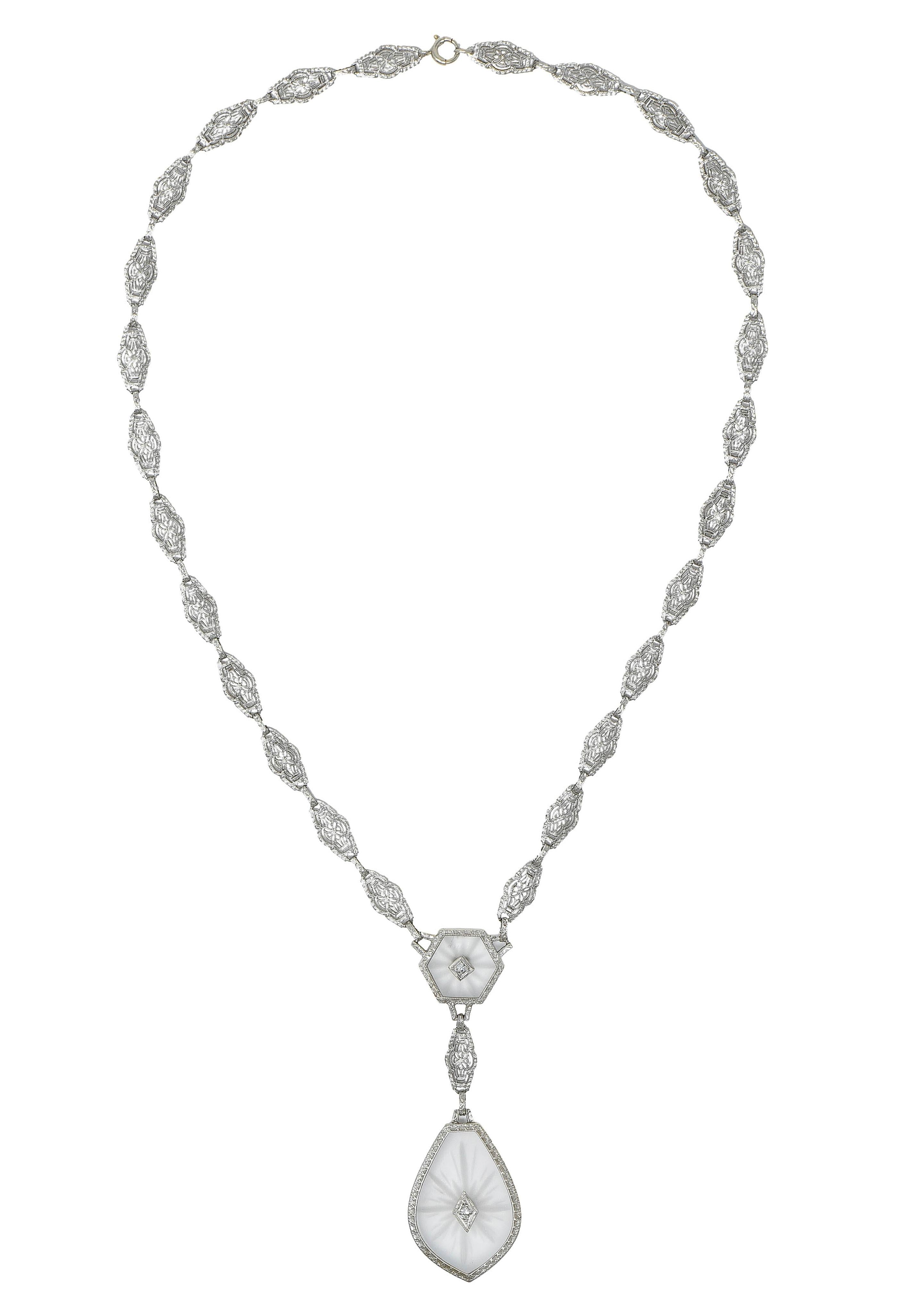 Antique Art Deco Diamond Camphor Glass Platinum 14K White Gold Drop Necklace