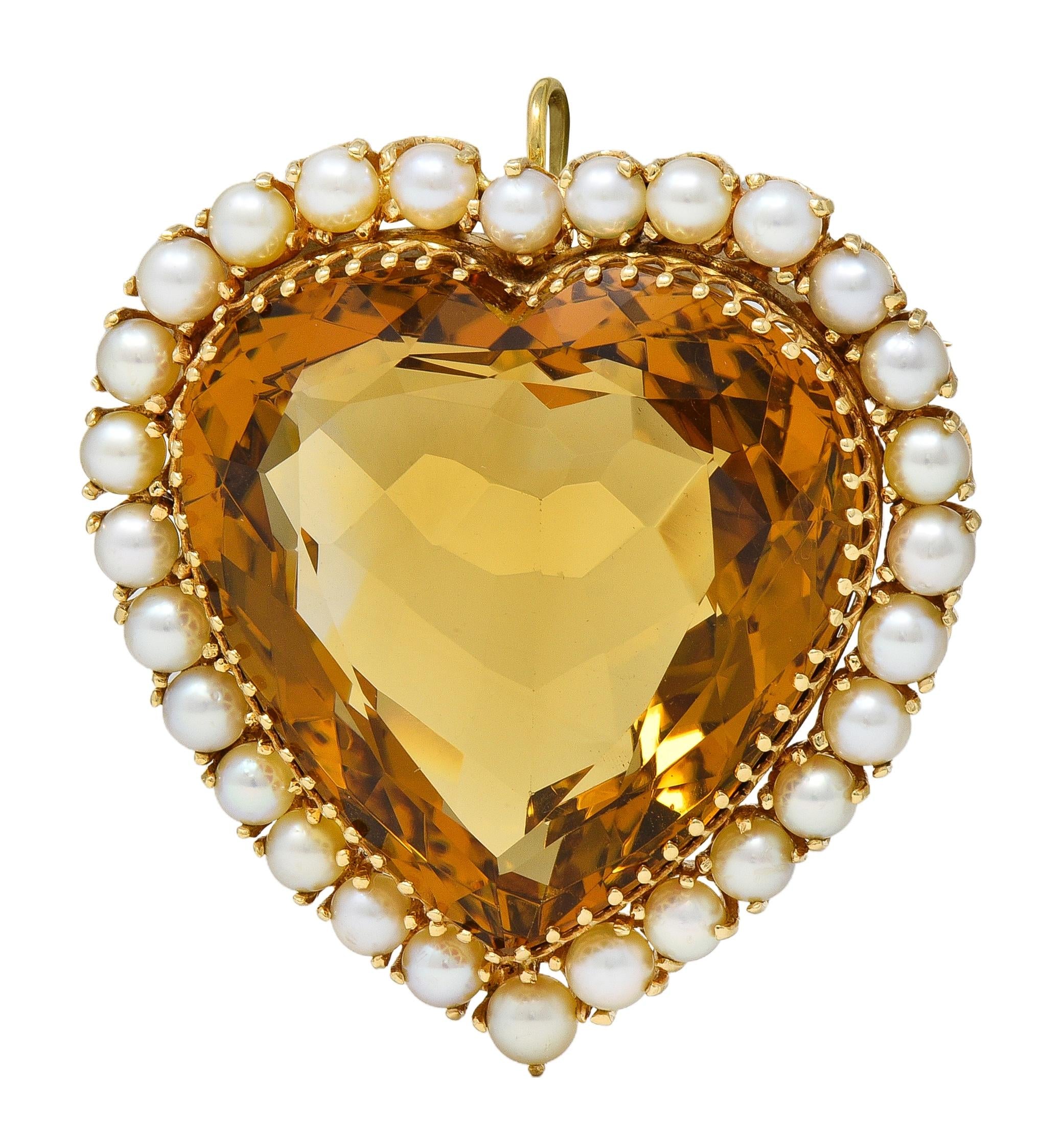 Victorian 29.37 CTW Citrine Pearl 14K Yellow Gold Antique Heart Pendant Brooch