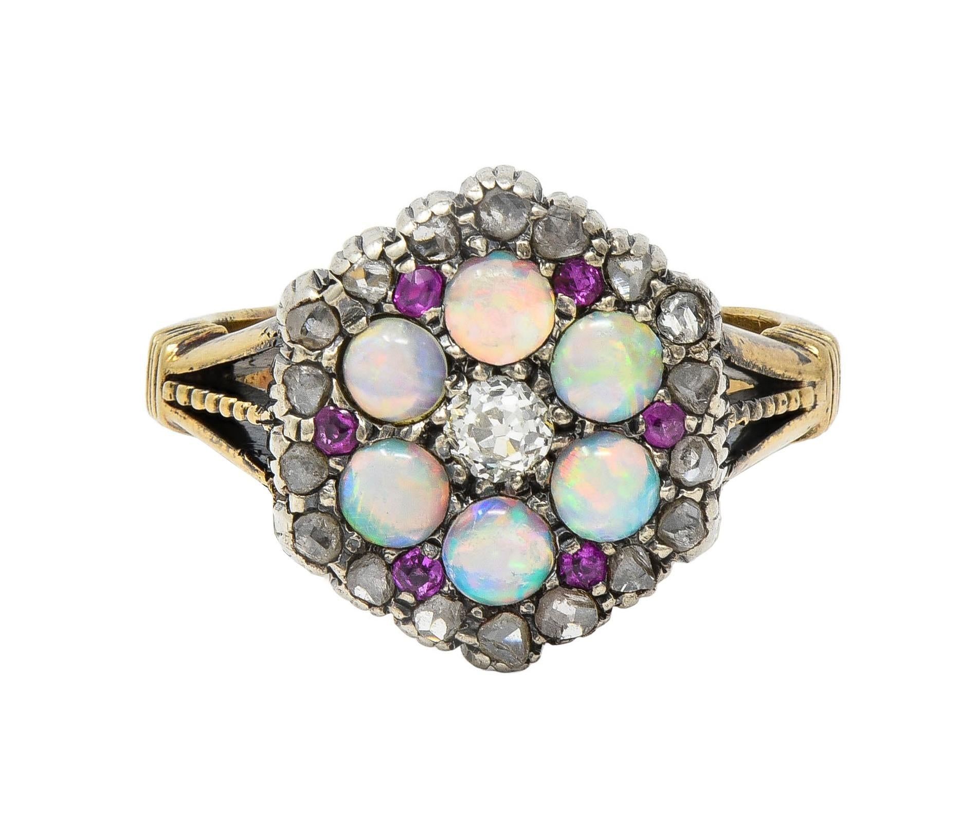 Victorian 0.58 CTW Diamond Ruby Opal Silver 14 Karat Gold Antique Cluster Ring