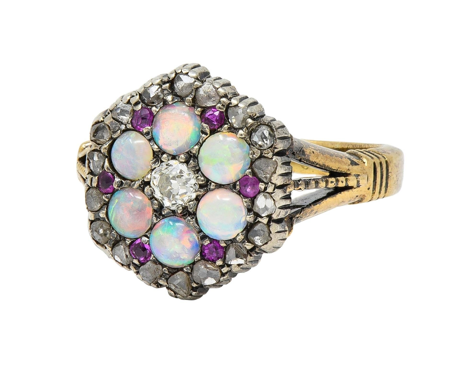 Victorian 0.58 CTW Diamond Ruby Opal Silver 14 Karat Gold Antique Cluster Ring