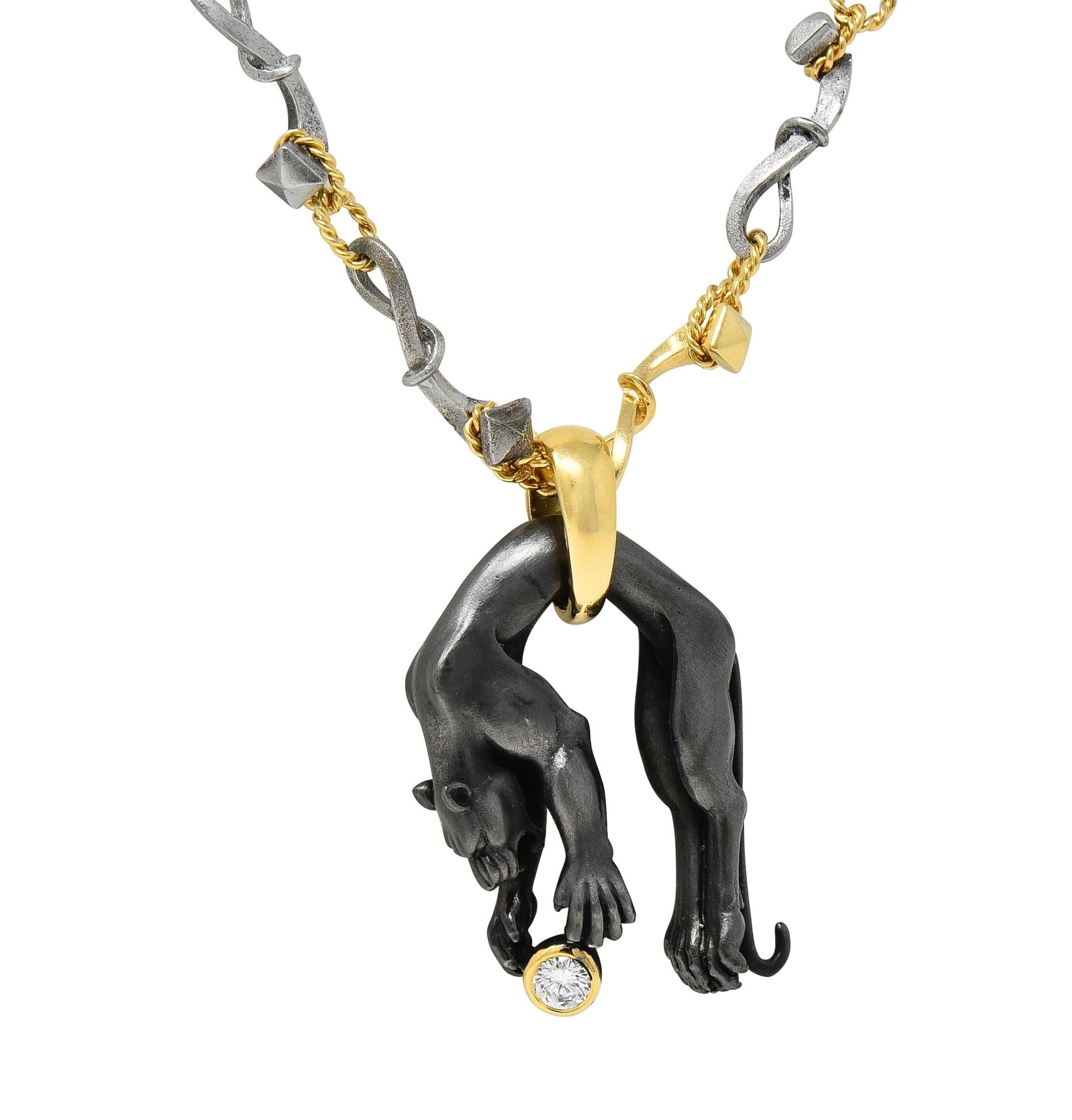 Carrera y Carrera 2000s Diamond Anodized Steel 18 Karat Gold Panther Necklace