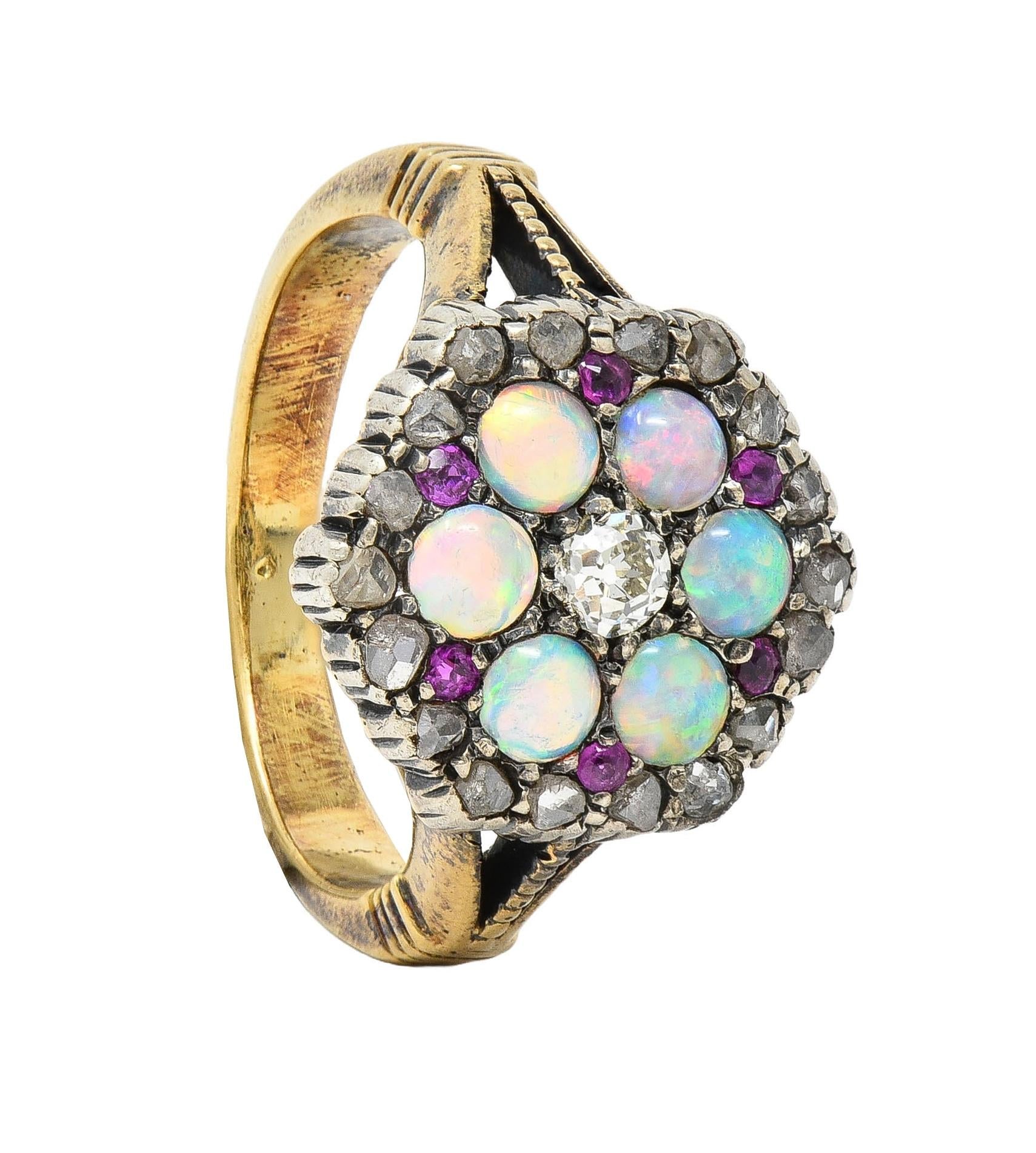 Victorian 0.58 CTW Diamond Ruby Opal Silver 14 Karat Gold Antique Cluster Ring