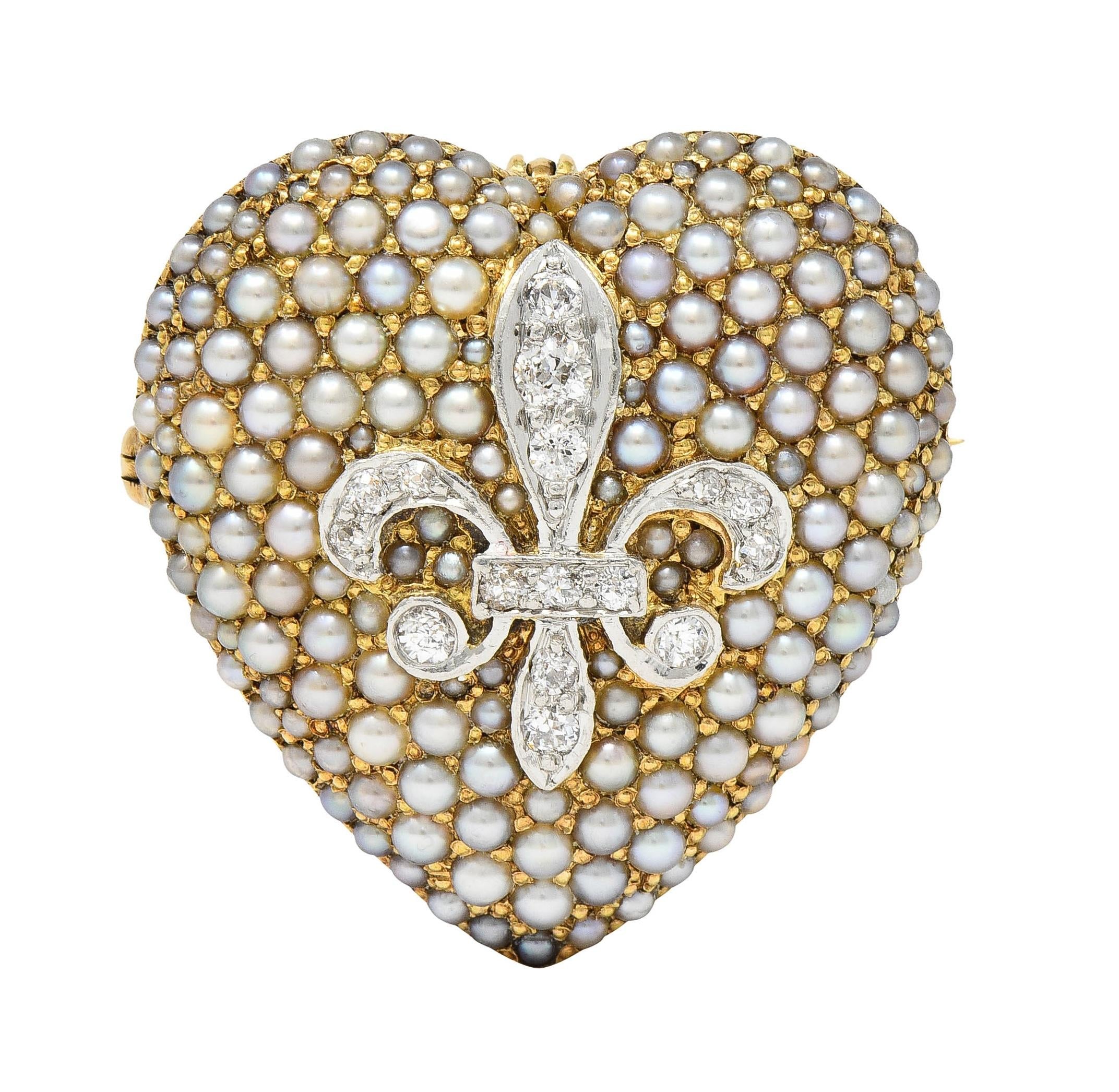 Edwardian Diamond Pearl Platinum 14K Yellow Gold Heart Antique Pendant Brooch