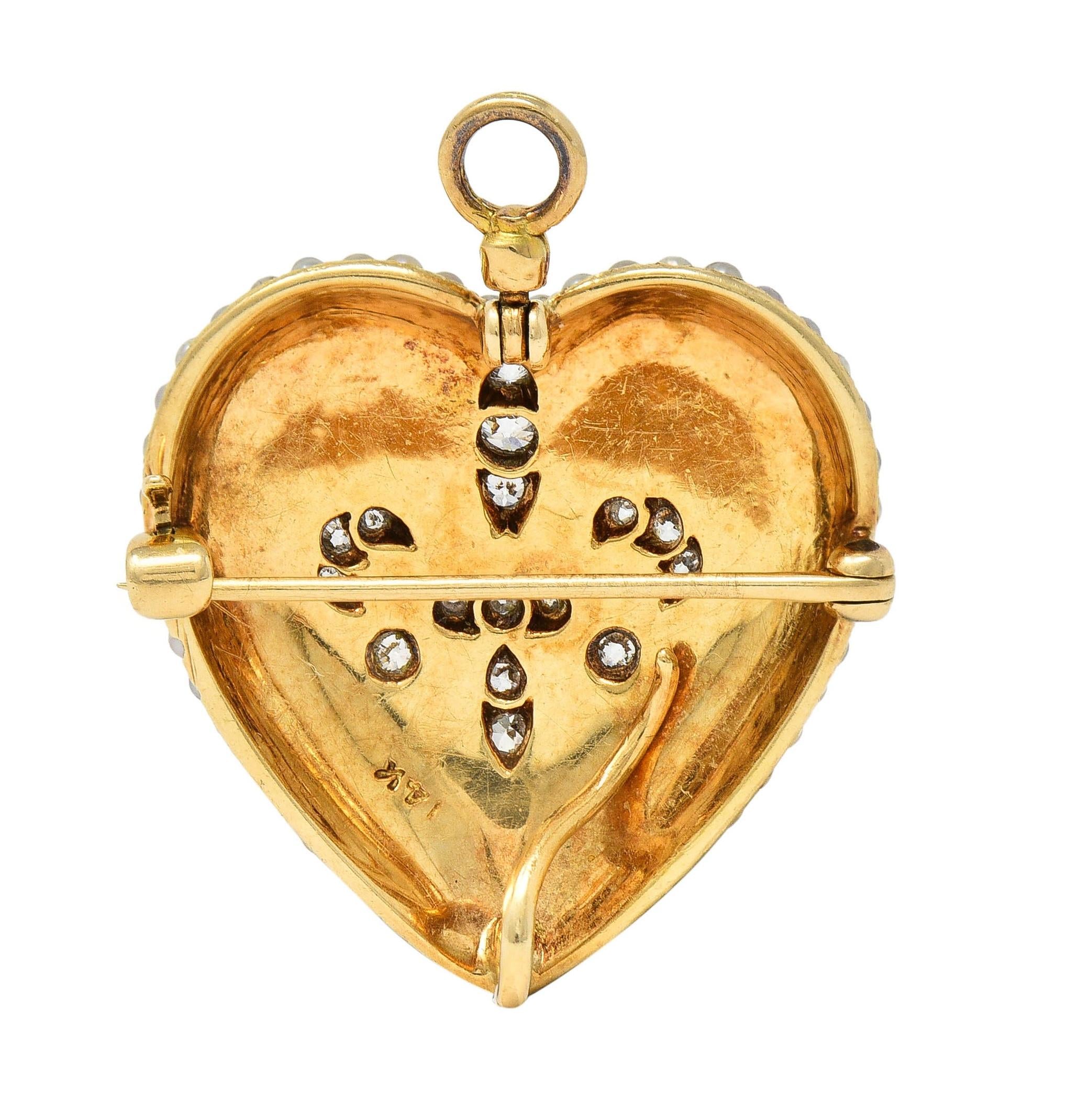 Edwardian Diamond Pearl Platinum 14K Yellow Gold Heart Antique Pendant Brooch