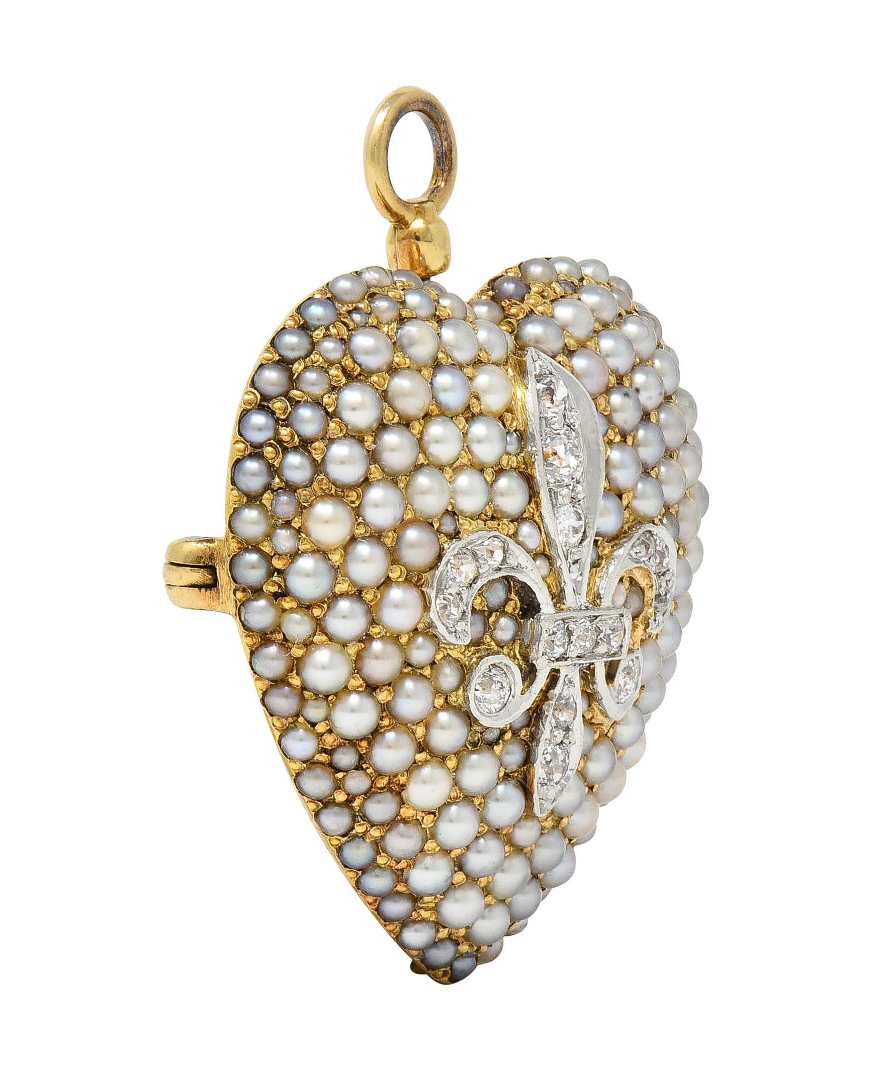 Edwardian Diamond Pearl Platinum 14K Yellow Gold Heart Antique Pendant Brooch