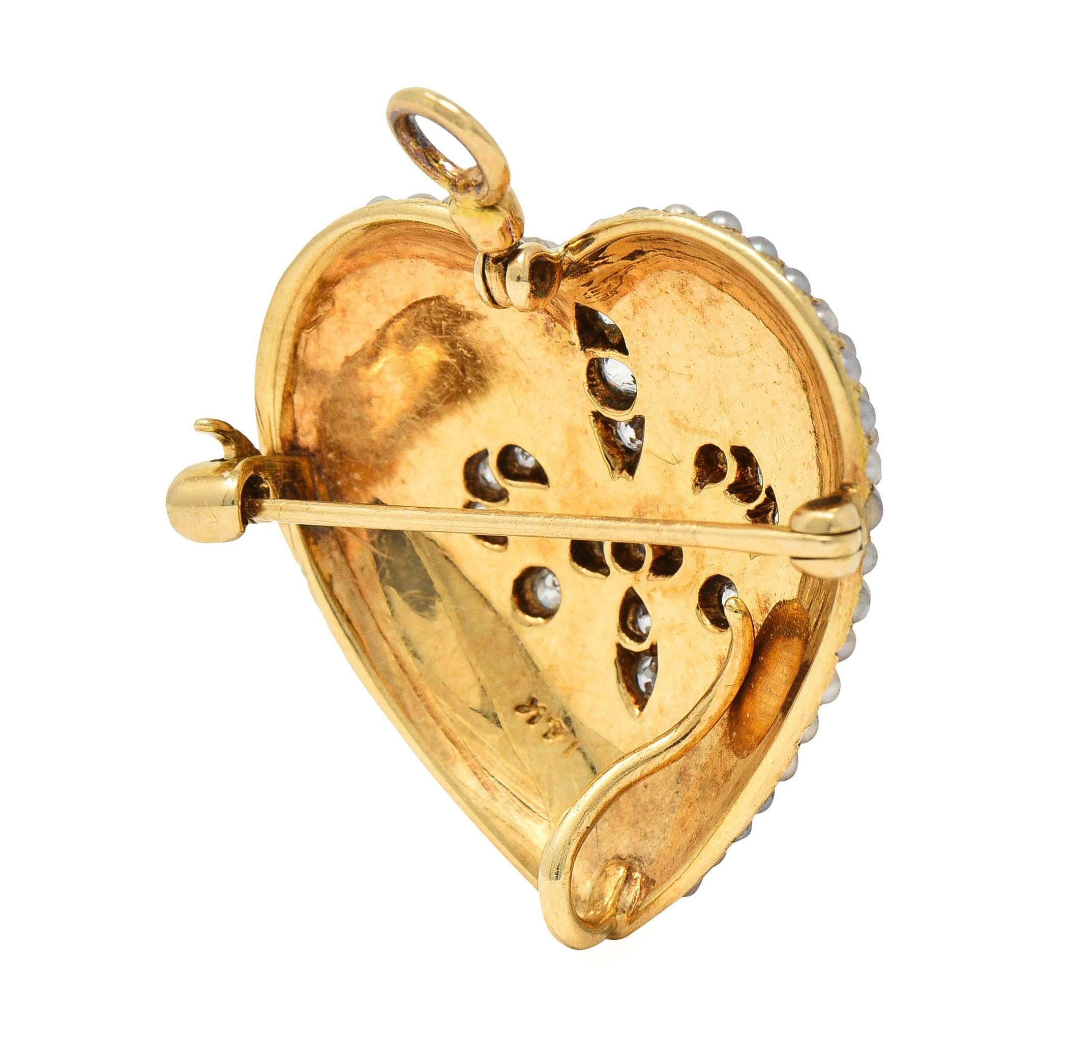 Edwardian Diamond Pearl Platinum 14K Yellow Gold Heart Antique Pendant Brooch