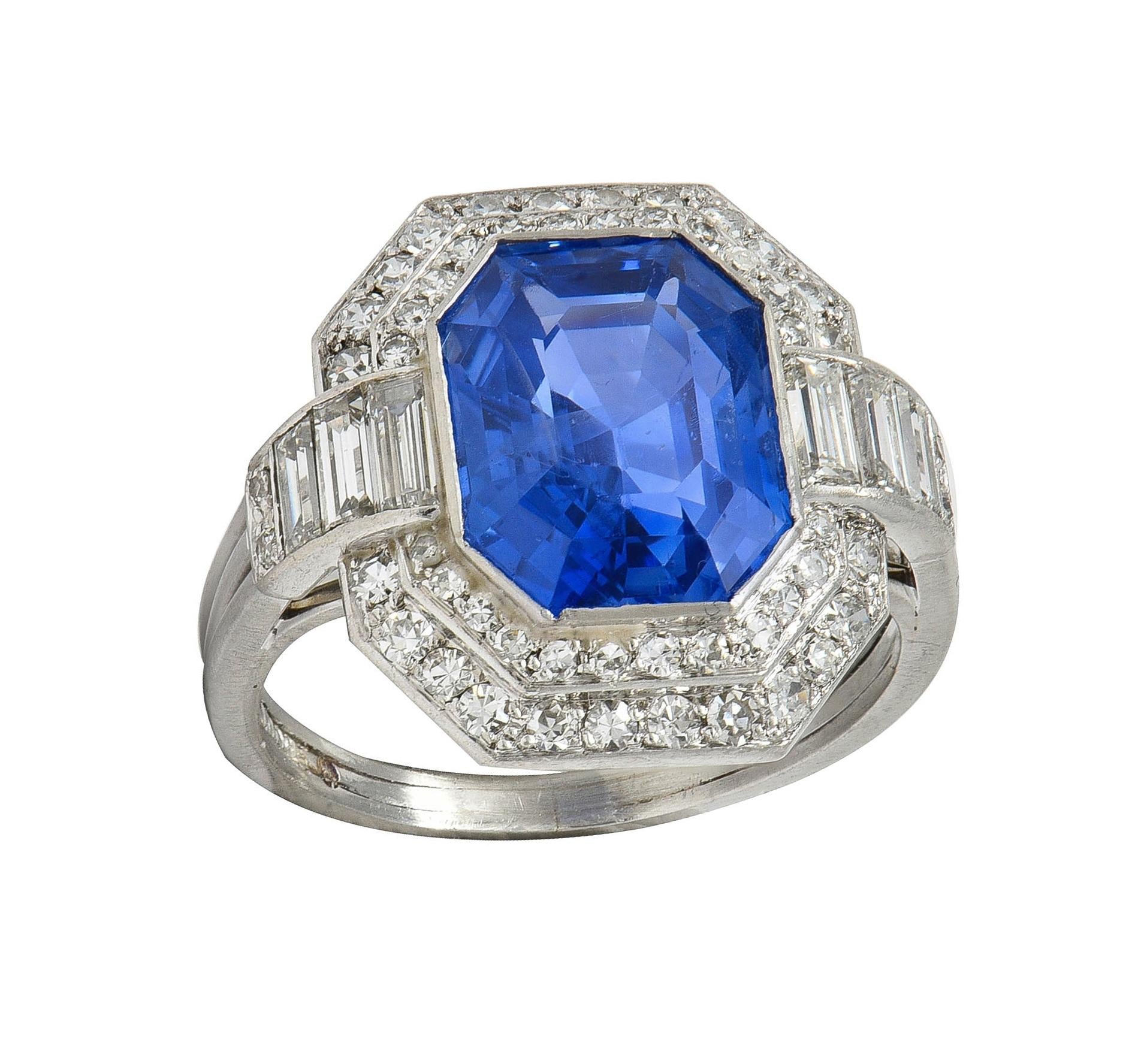 Mid Century 7.12 CTW No Heat Ceylon Sapphire Diamond Platinum Vintage Halo Ring