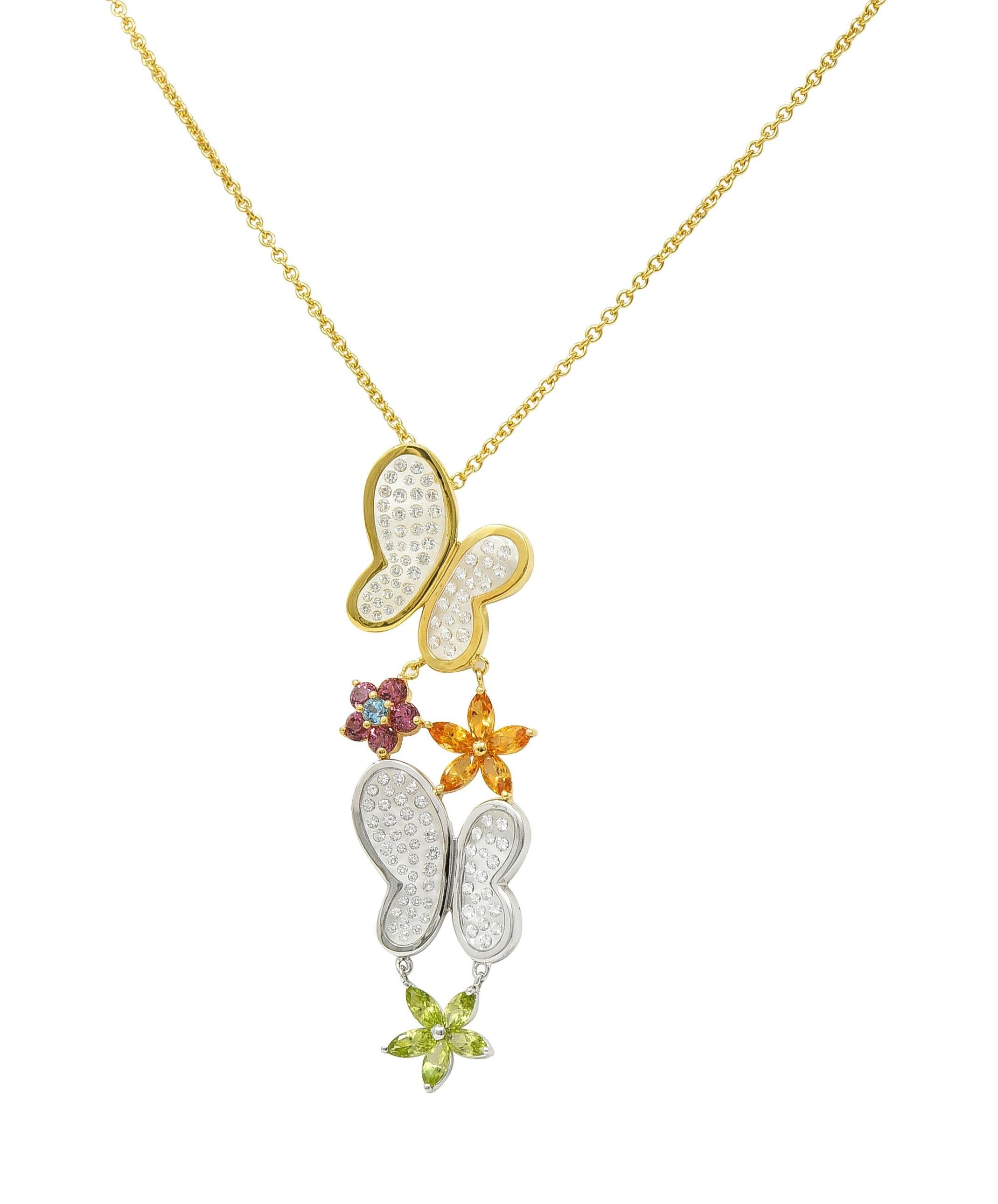 Contemporary Diamond Multi-Gem 18K Gold Flower Butterfly Pendant Necklace