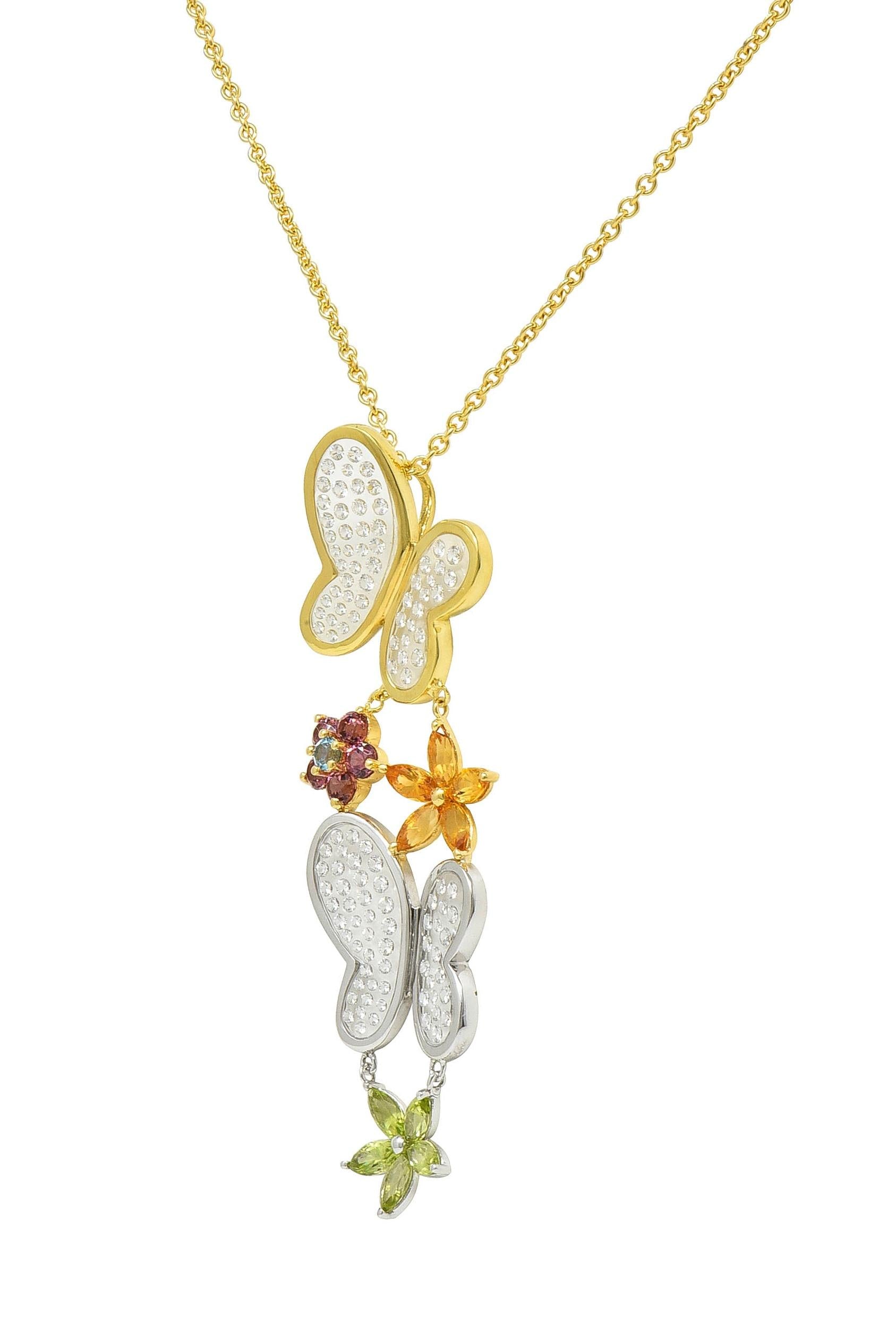 Contemporary Diamond Multi-Gem 18K Gold Flower Butterfly Pendant Necklace