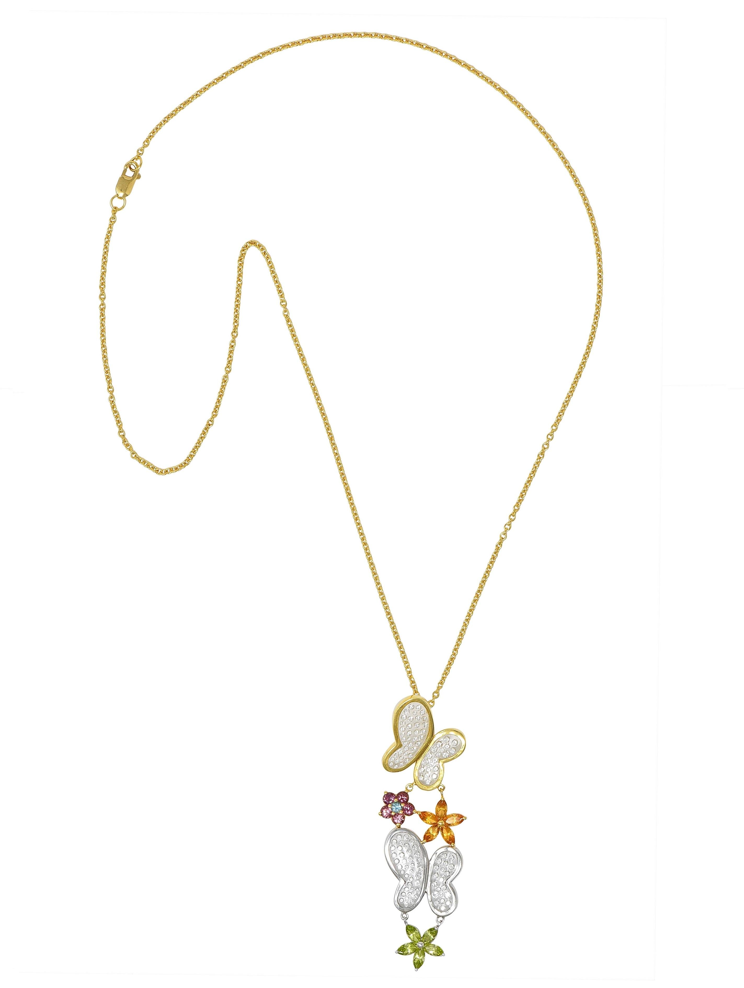 Contemporary Diamond Multi-Gem 18K Gold Flower Butterfly Pendant Necklace