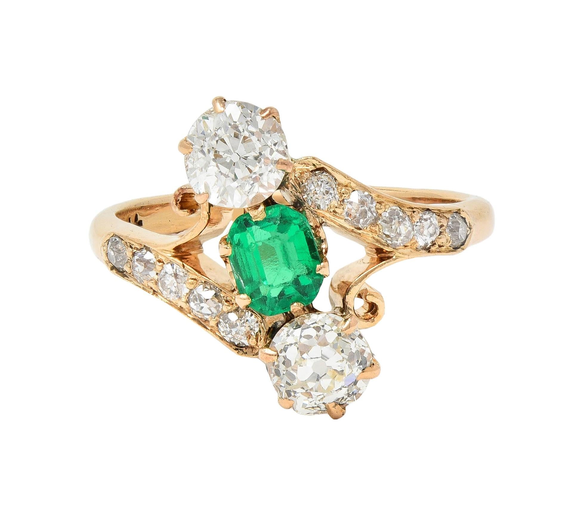 Victorian 1.66 CTW Emerald Diamond 14 Karat Yellow Gold Antique Bypass Ring