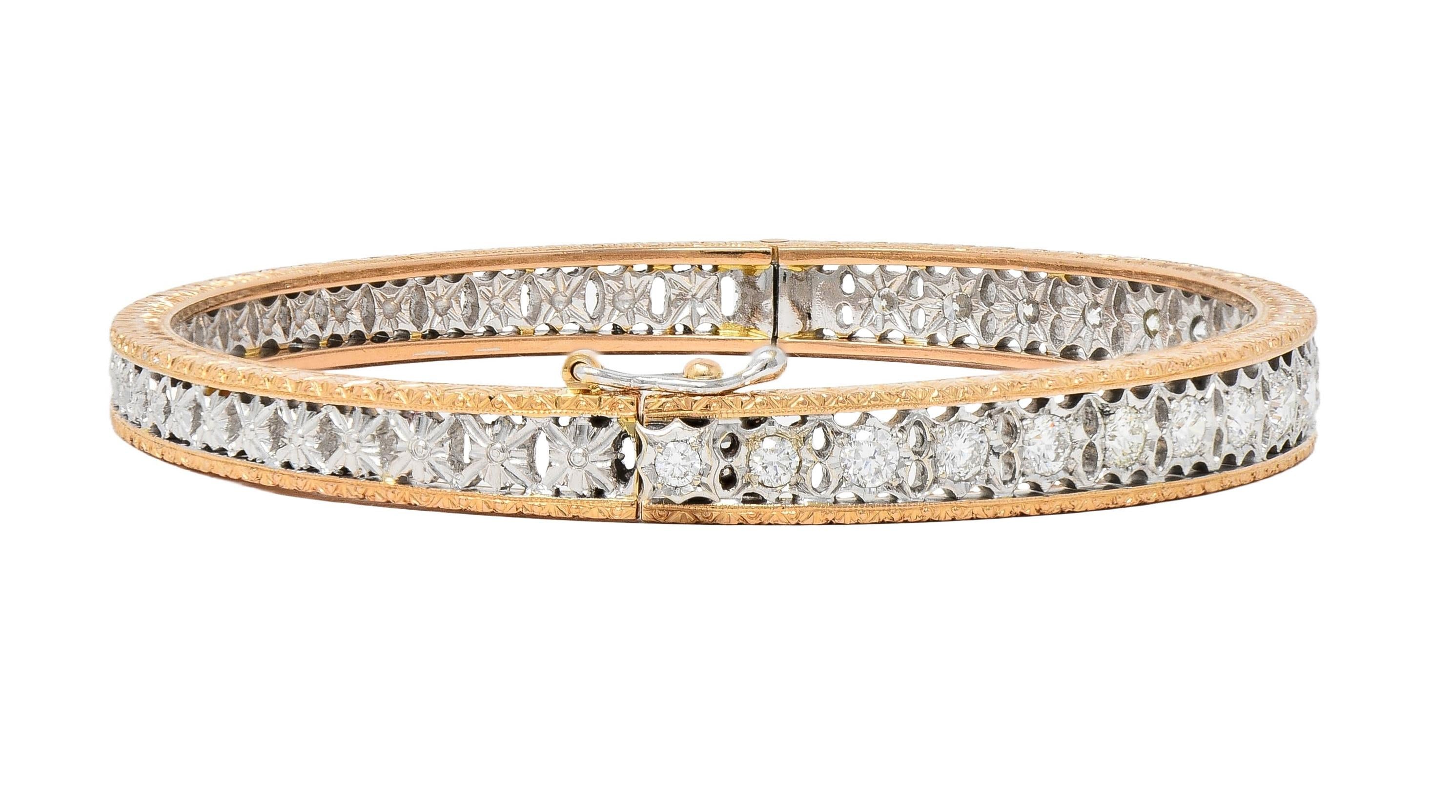 1.80 CTW Diamond 18 Karat Two-Tone Yellow Gold Vintage Floral Bangle Bracelet