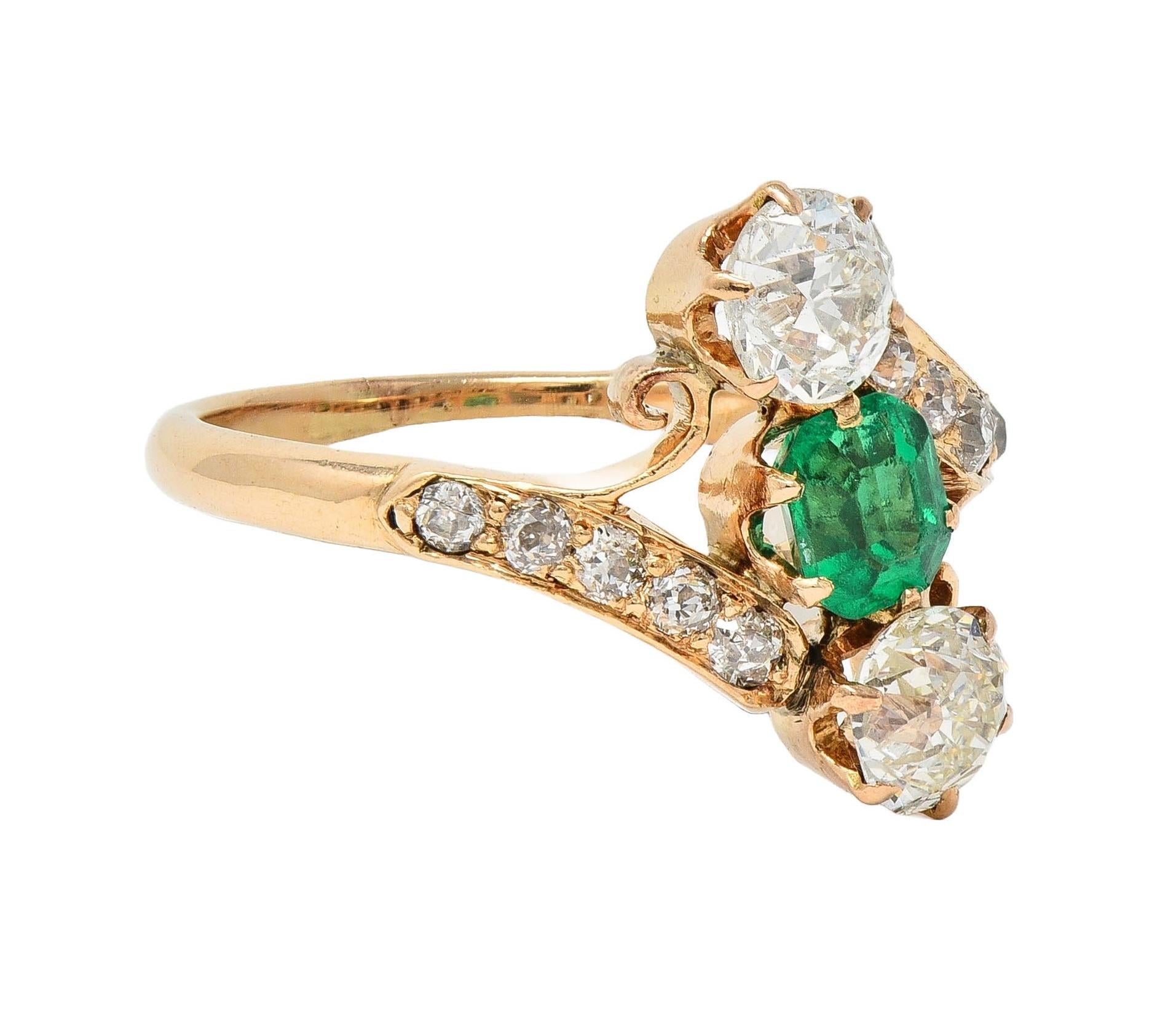 Victorian 1.66 CTW Emerald Diamond 14 Karat Yellow Gold Antique Bypass Ring