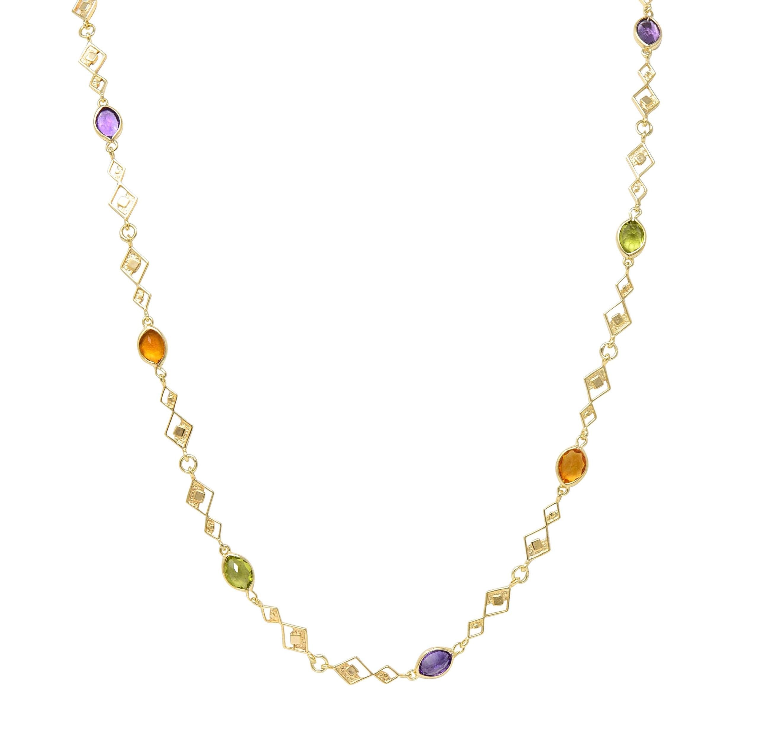 2000's Multi-Gem 14 Karat Yellow Gold Geometric Station Necklace