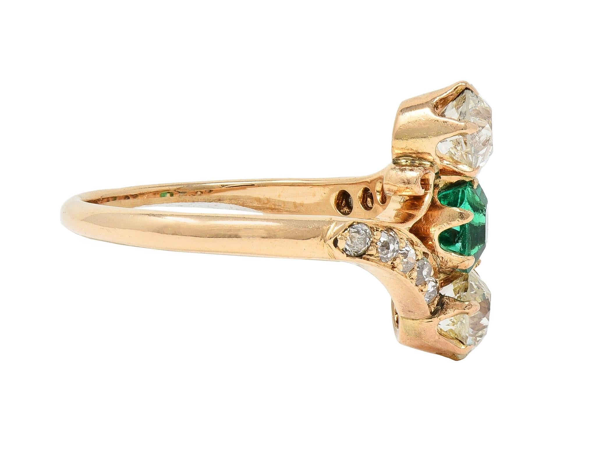 Victorian 1.66 CTW Emerald Diamond 14 Karat Yellow Gold Antique Bypass Ring