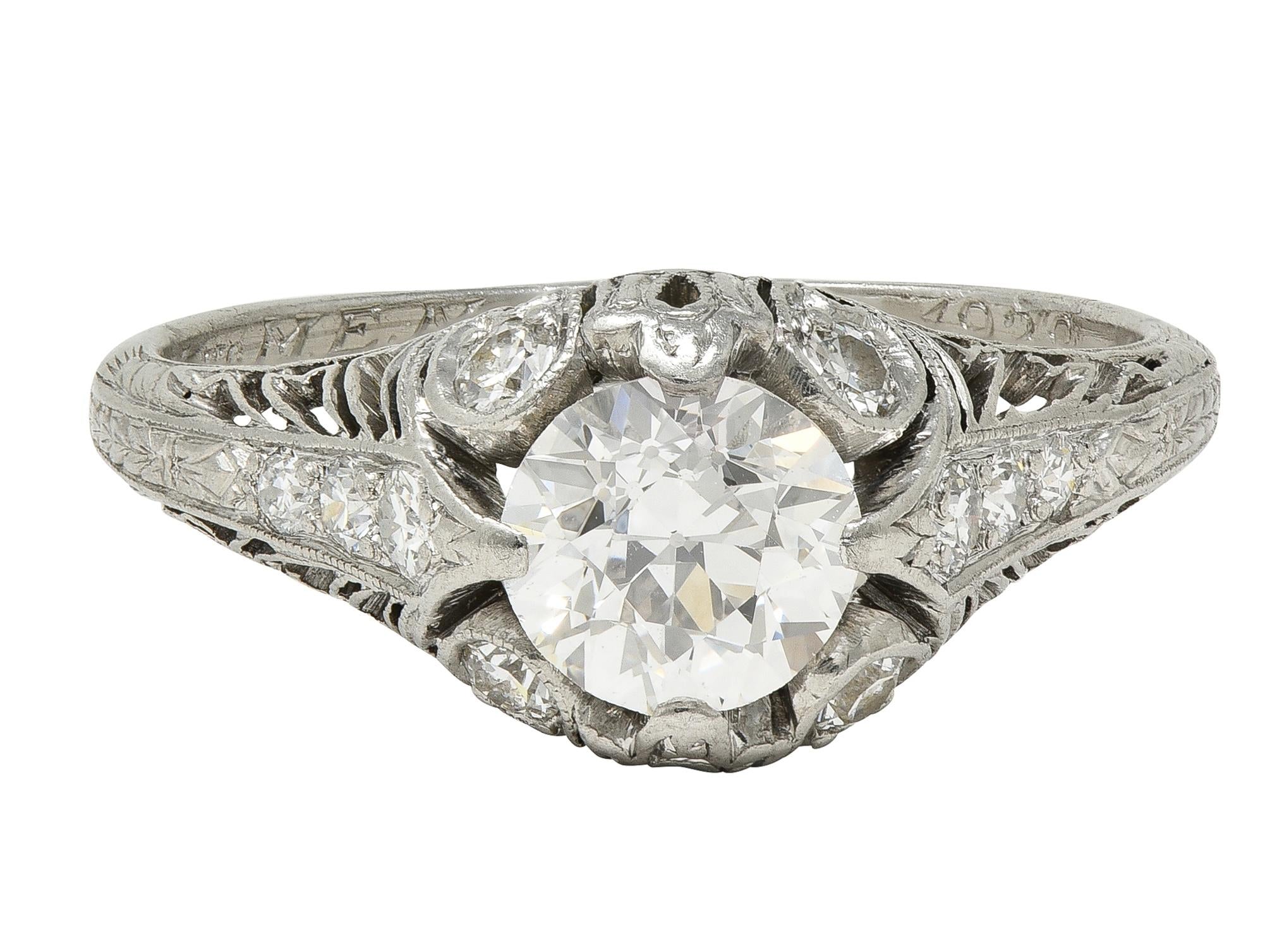 Art Deco 1929 1.00 CTW Diamond Platinum Antique Scroll Feather Engagement Ring