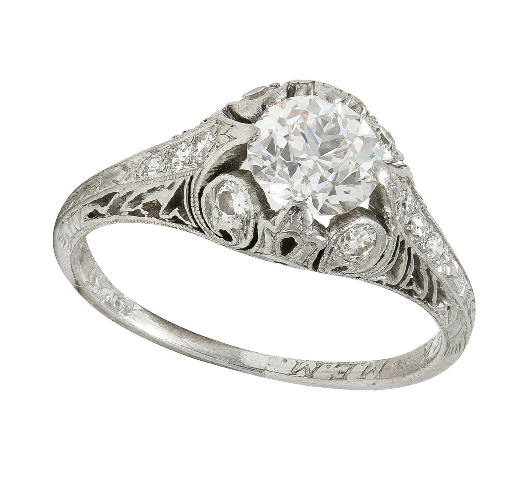 Art Deco 1929 1.00 CTW Diamond Platinum Antique Scroll Feather Engagement Ring