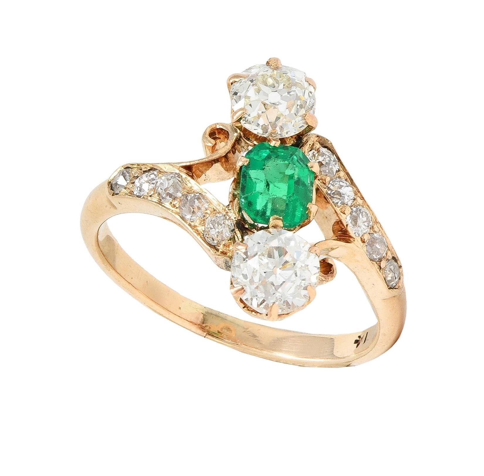 Victorian 1.66 CTW Emerald Diamond 14 Karat Yellow Gold Antique Bypass Ring