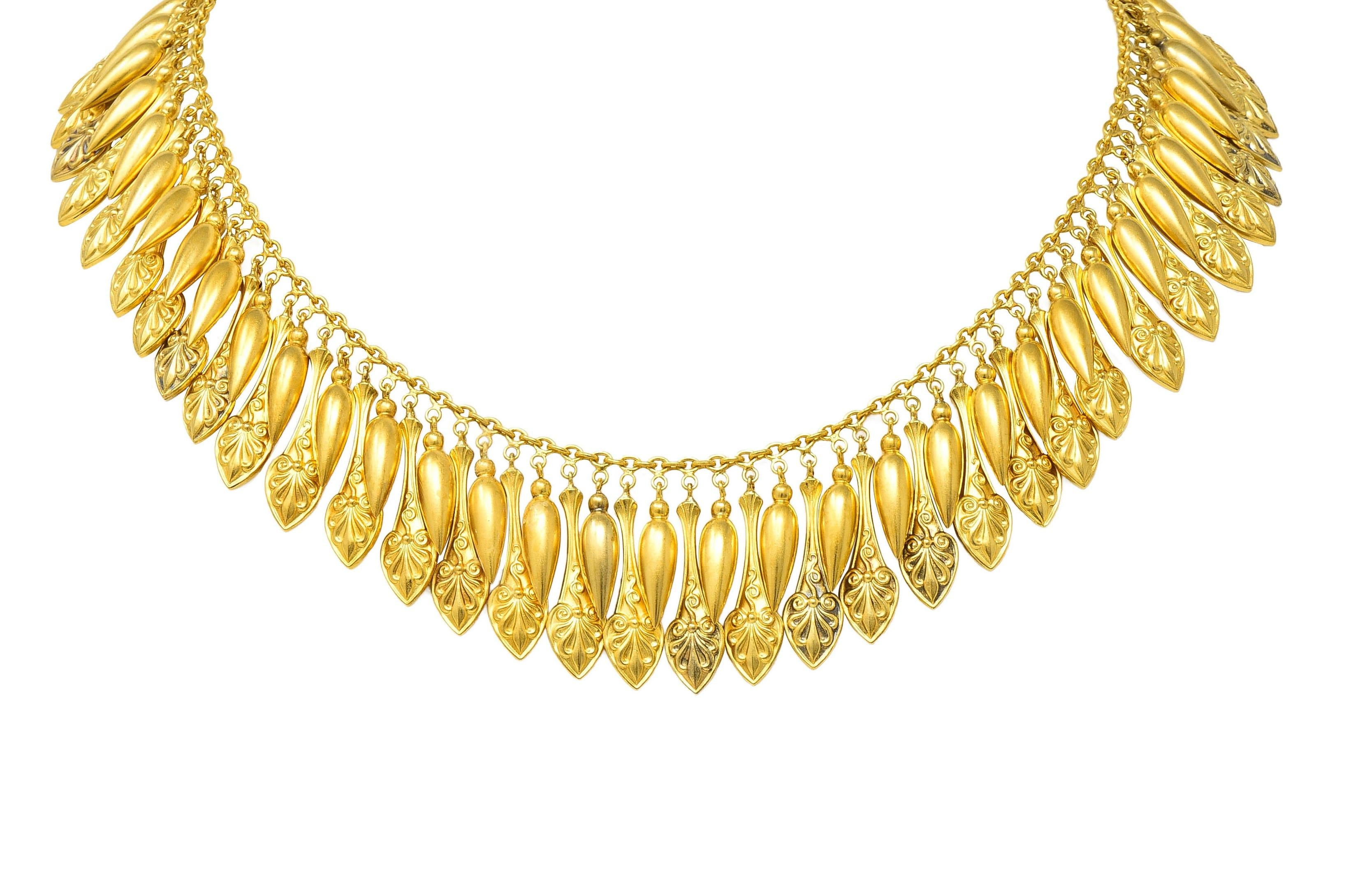 Victorian Etruscan Revival 18 Karat Yellow Gold Antique Fringe Drop Necklace