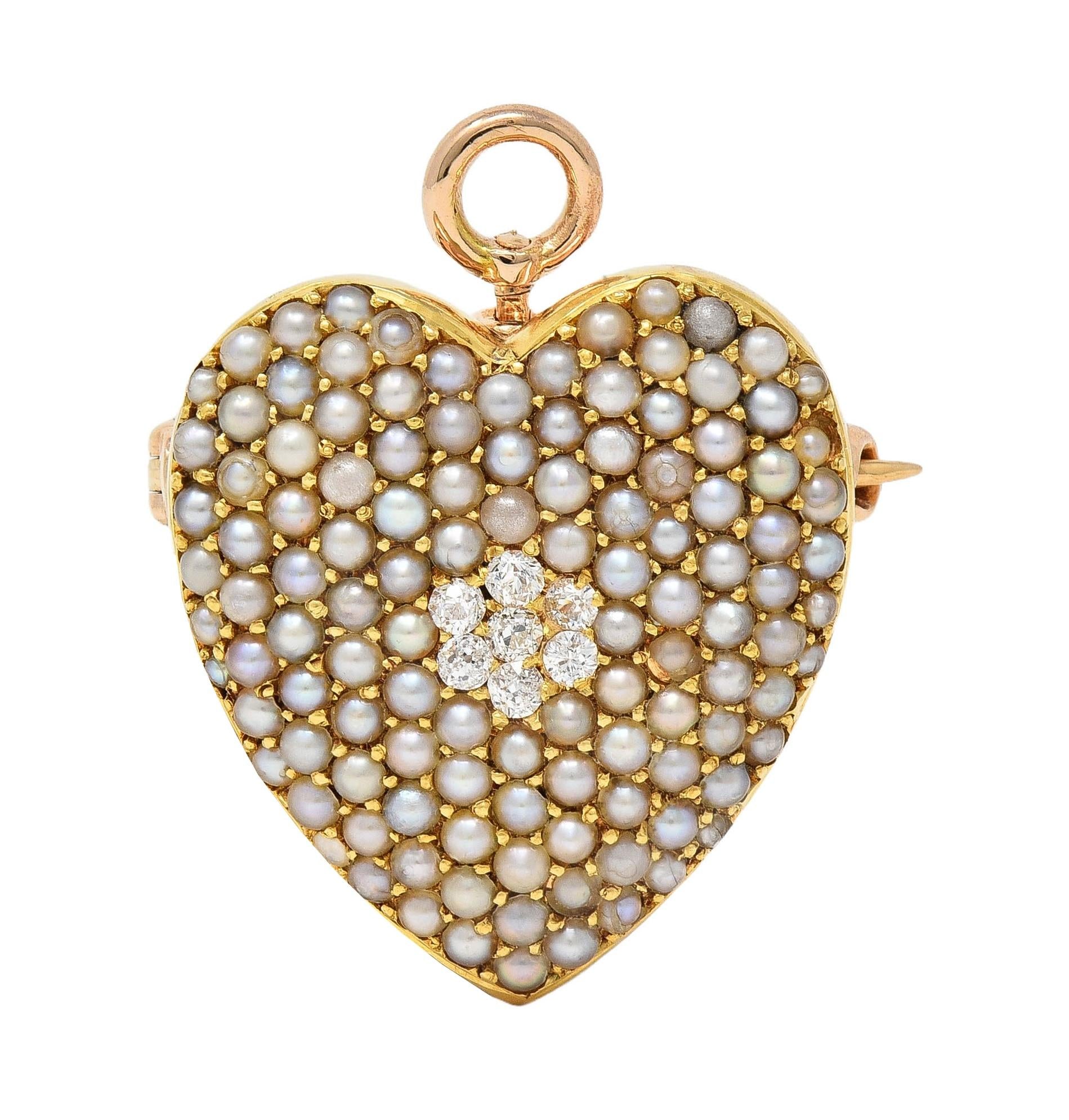 Krementz Victorian Diamond Pearl 14K Gold Antique Puffy Heart Pendant Brooch