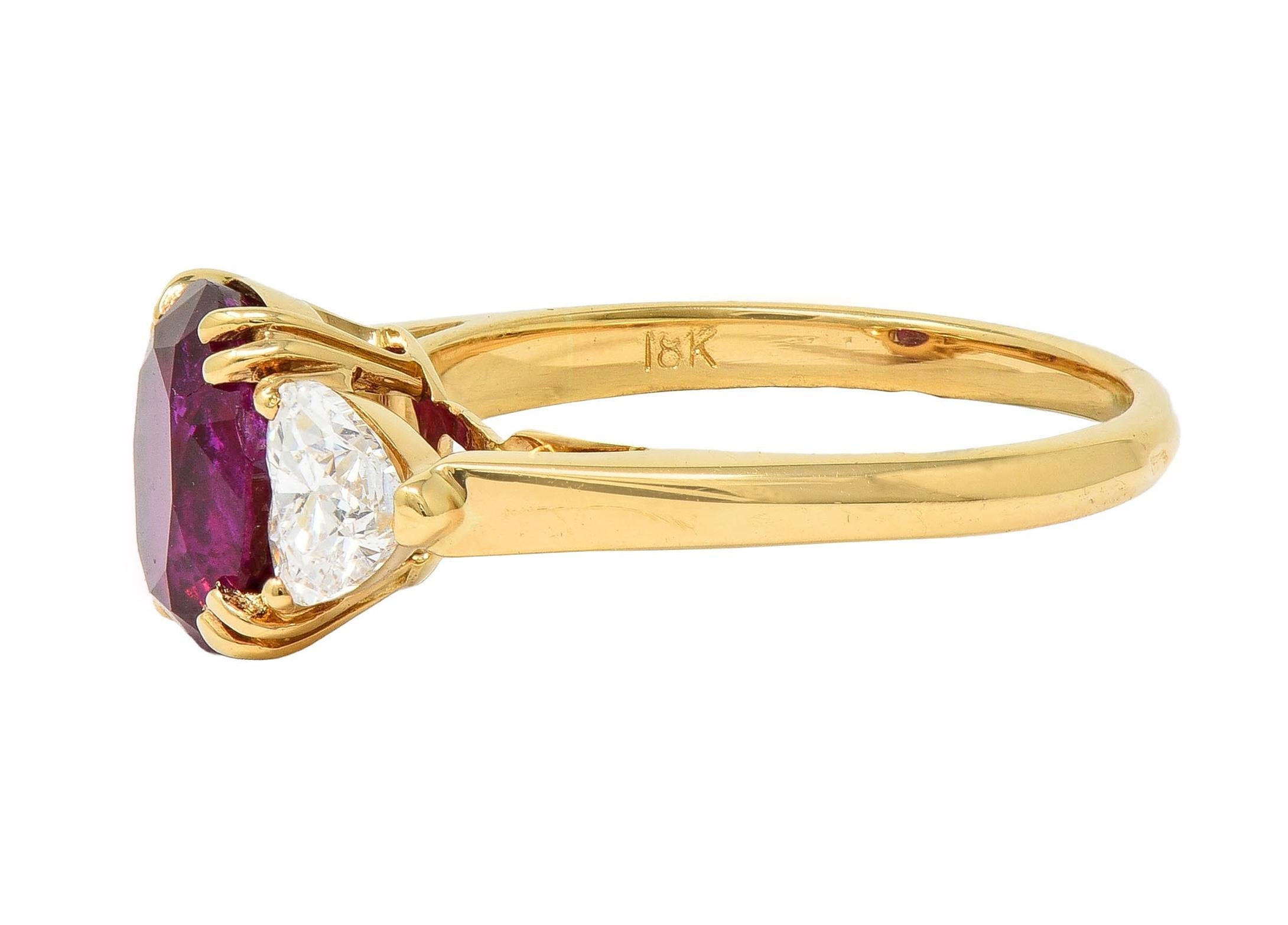 French No Heat Burma Ruby Heart Diamond 18 Karat Yellow Gold Vintage Ring