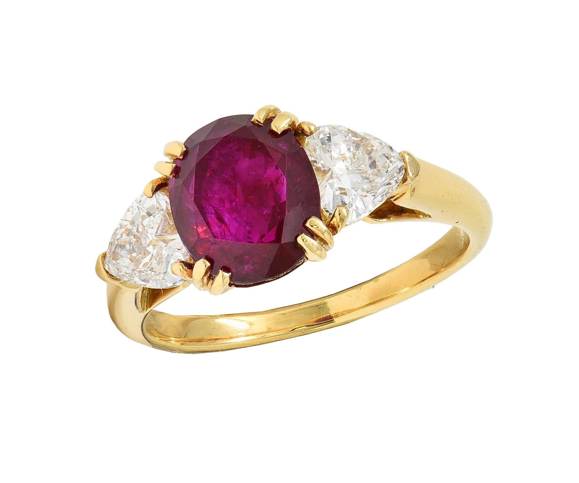 French No Heat Burma Ruby Heart Diamond 18 Karat Yellow Gold Vintage Ring