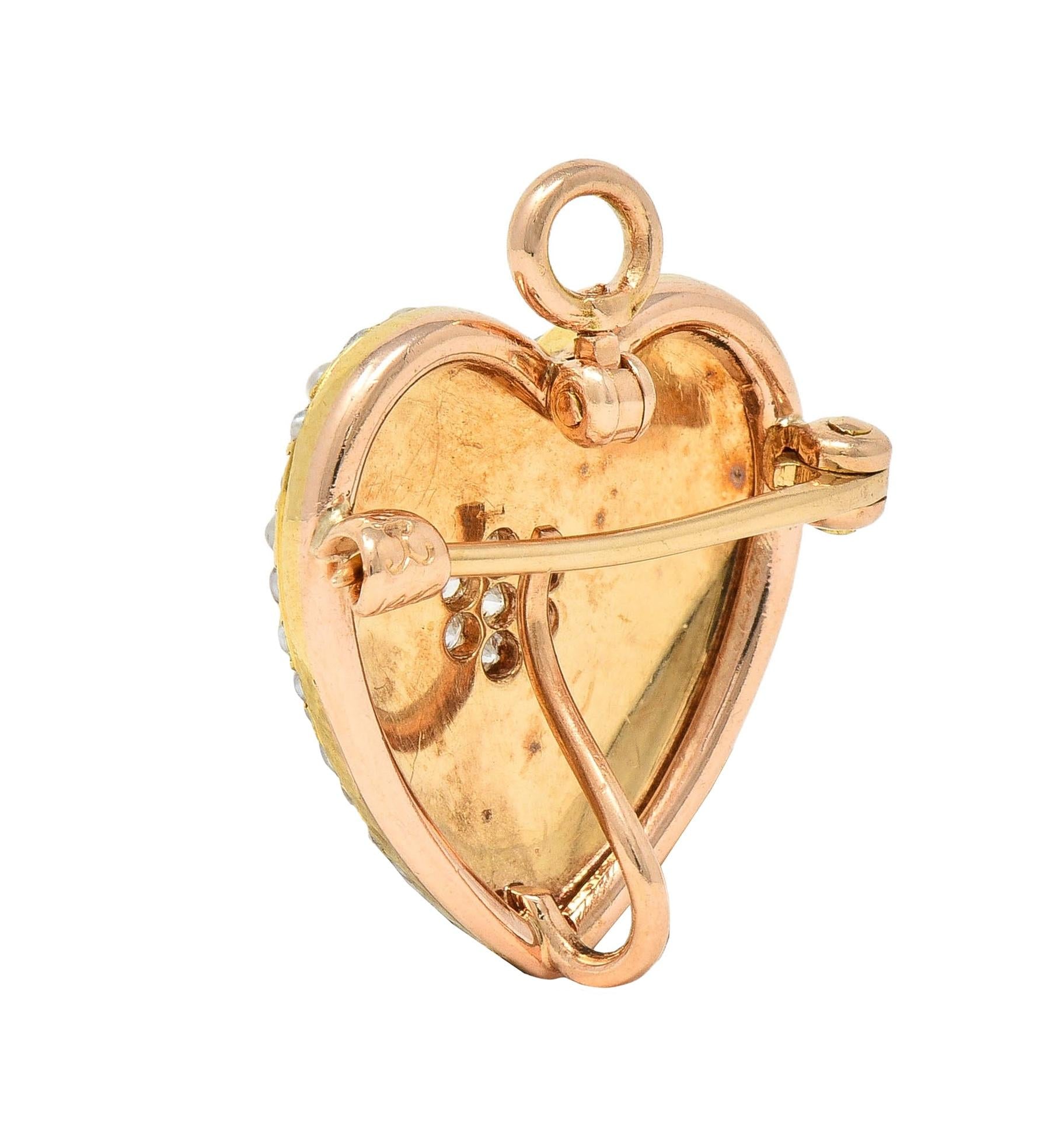 Krementz Victorian Diamond Pearl 14K Gold Antique Puffy Heart Pendant Brooch