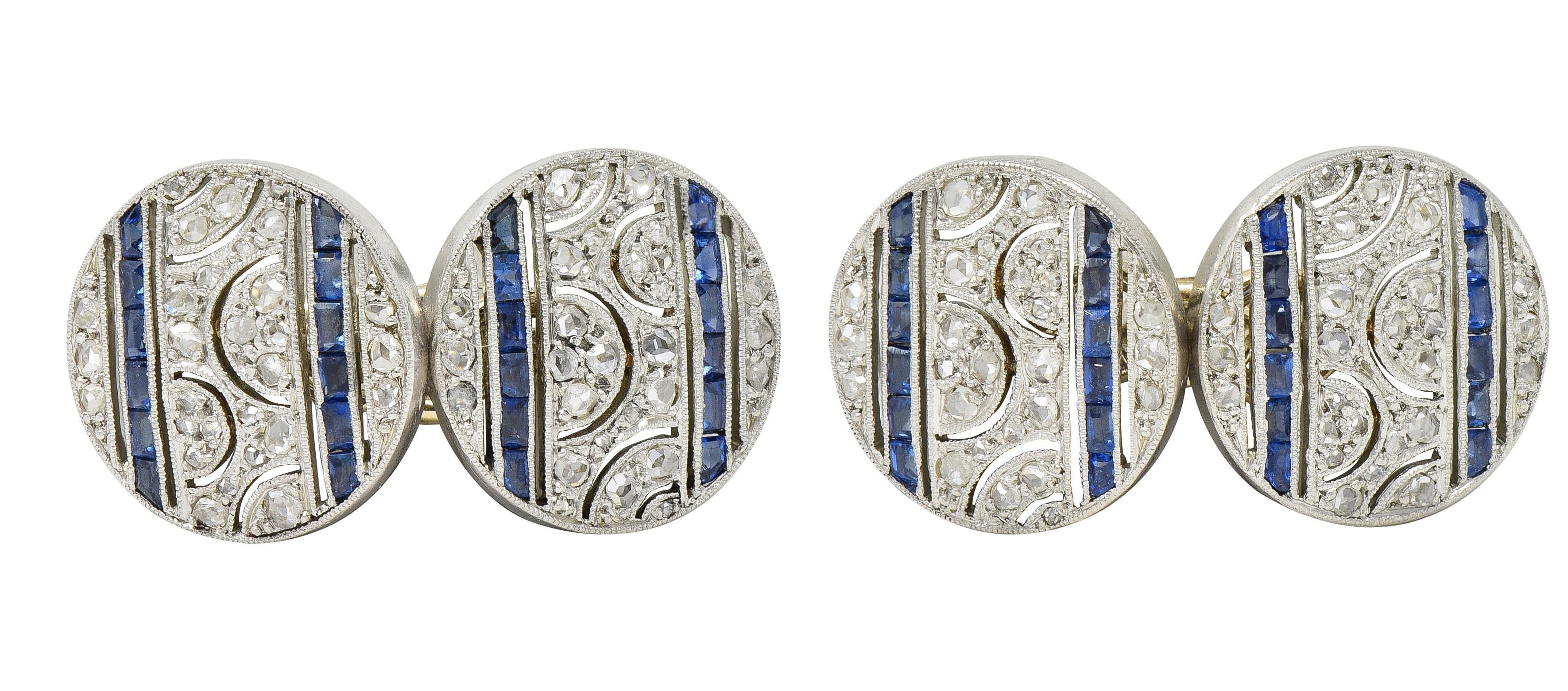 French Art Deco 1.60 CTW Sapphire Diamond Platinum 18K Gold Antique Cufflinks