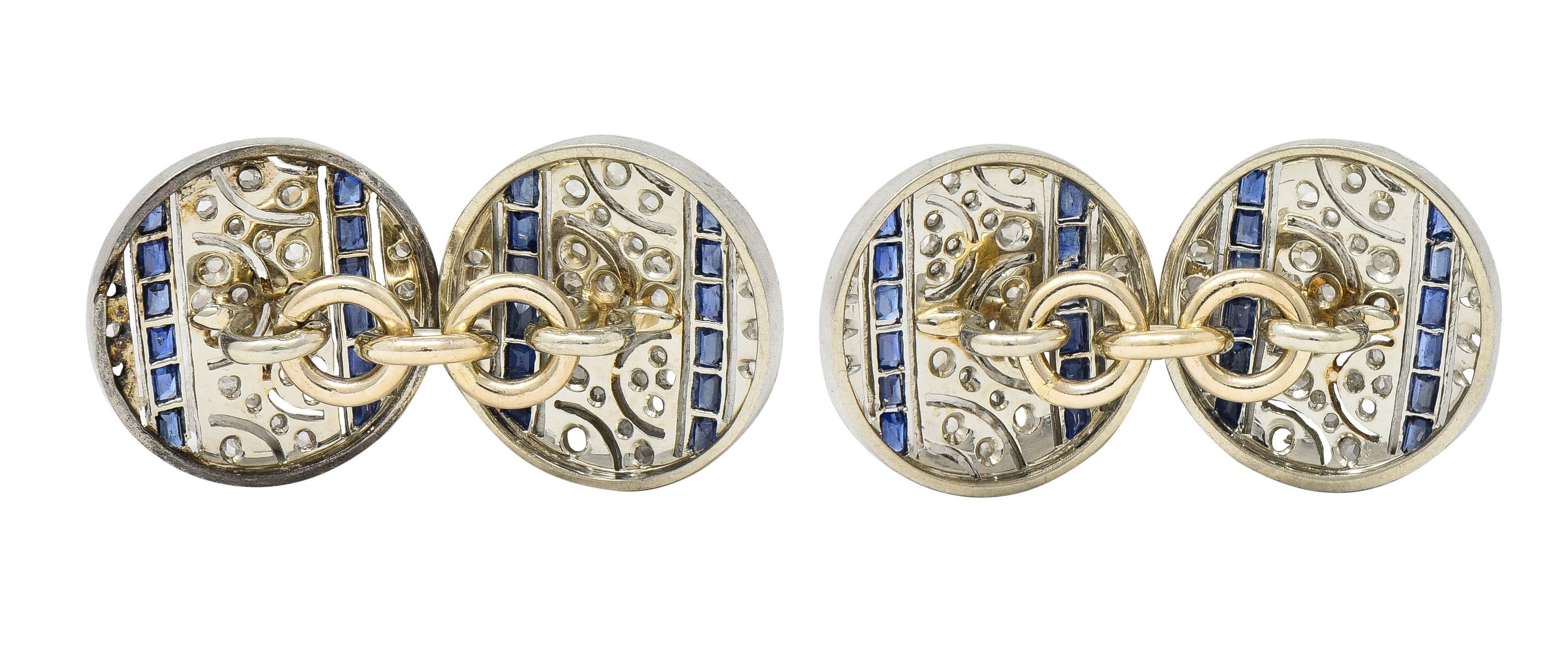 French Art Deco 1.60 CTW Sapphire Diamond Platinum 18K Gold Antique Cufflinks