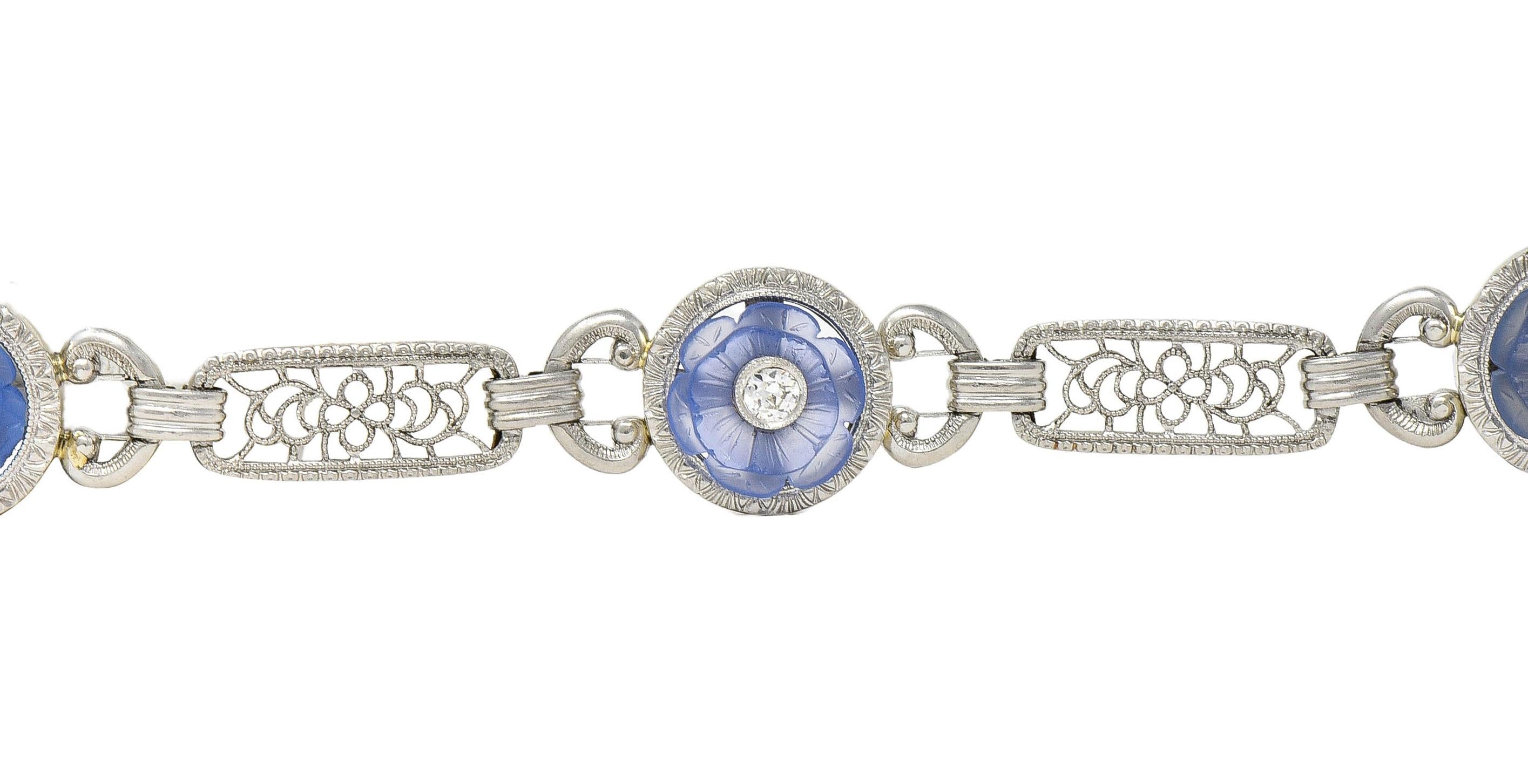 Bippart & Co. Art Deco Diamond Blue Camphor Glass Vintage Floral Link Bracelet