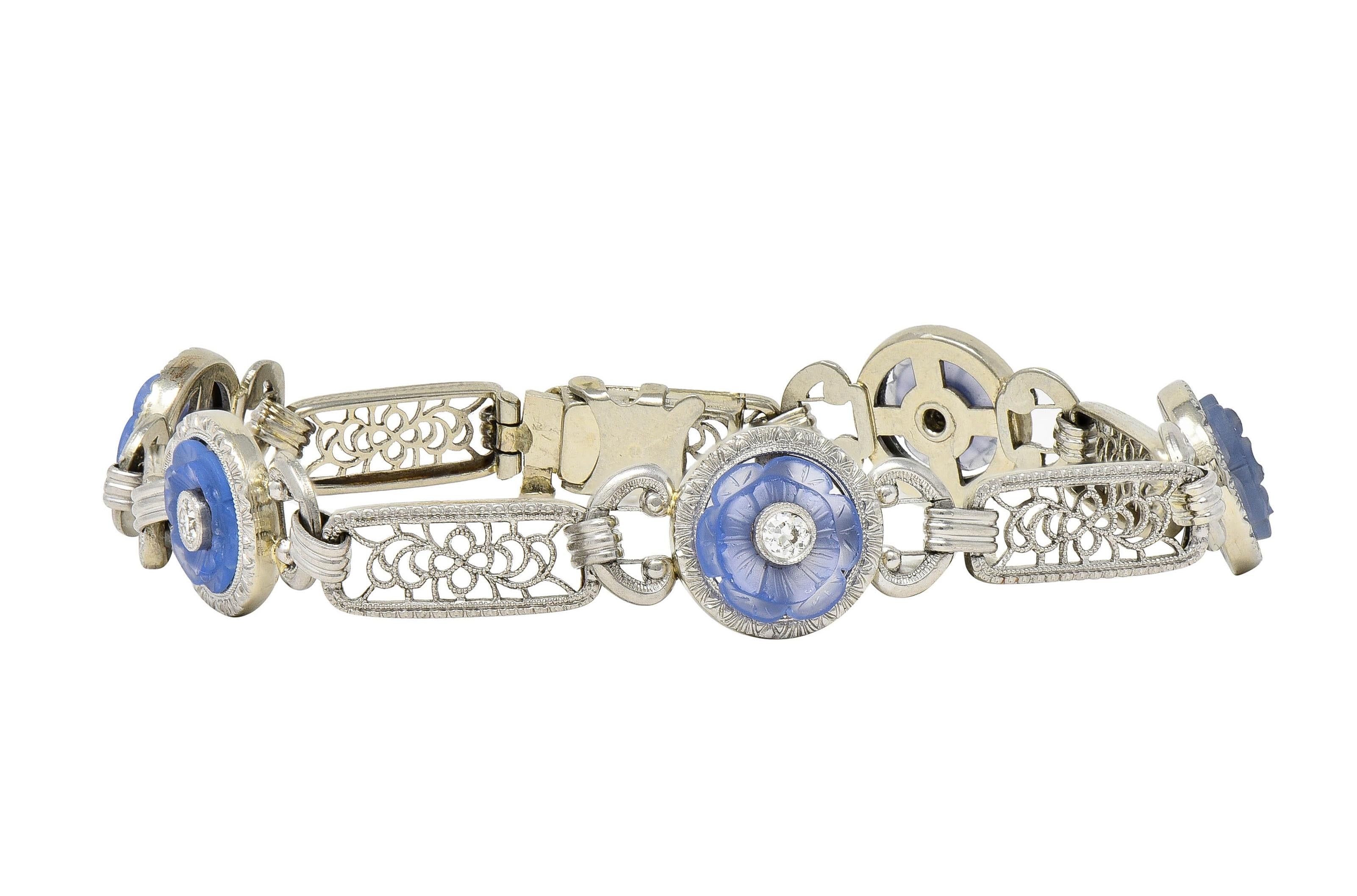 Bippart & Co. Art Deco Diamond Blue Camphor Glass Vintage Floral Link Bracelet