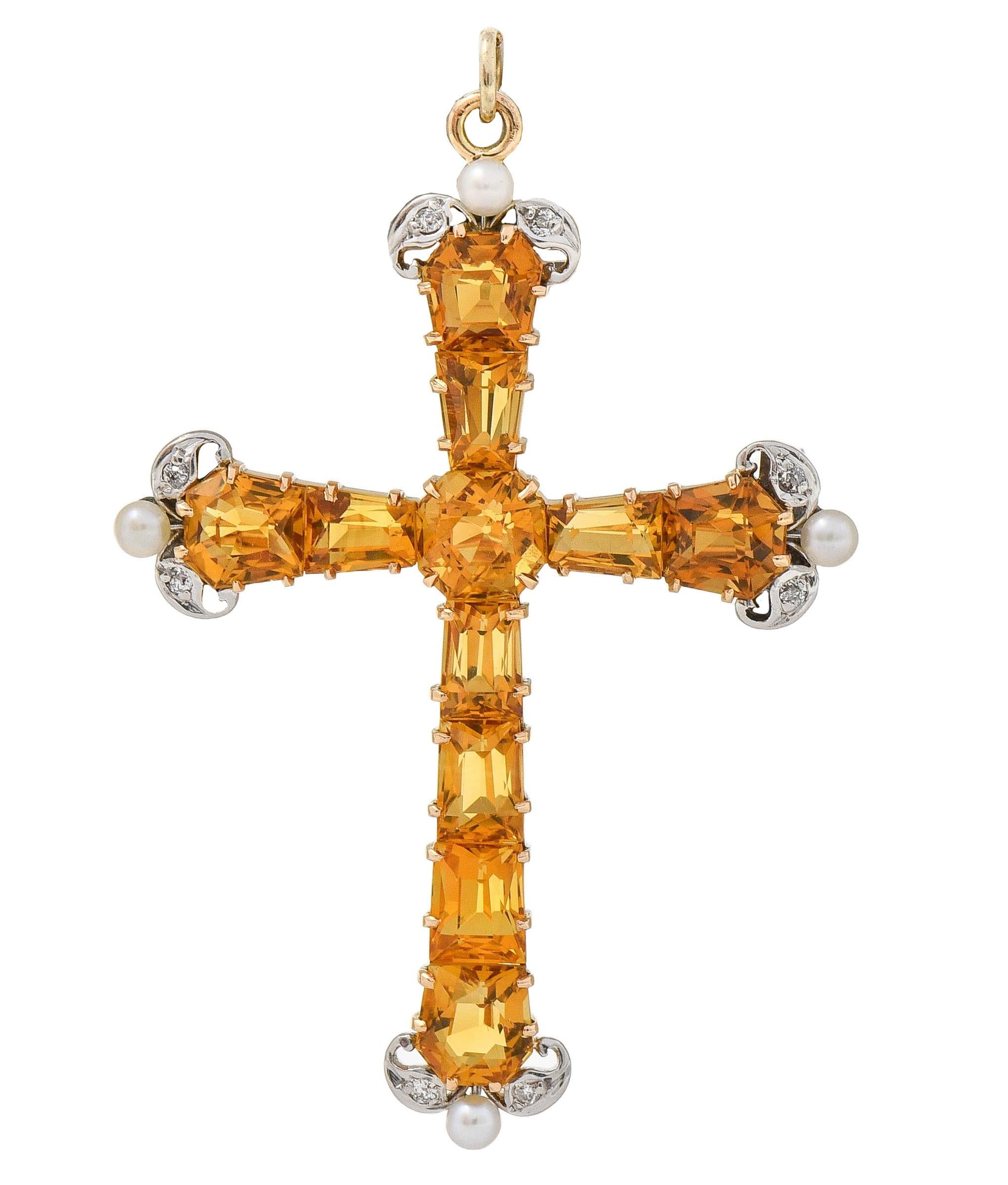 Edwardian 12.04 CTW Citrine Diamond Pearl 14K Gold Antique Cross Pendant Brooch