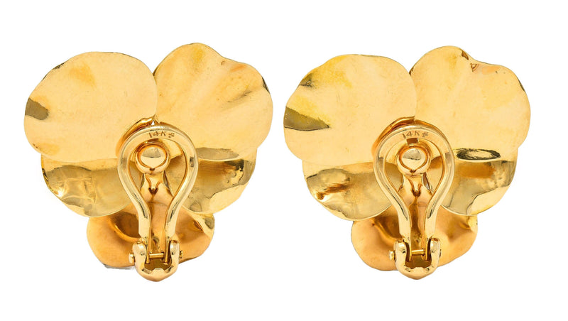 Fisher & Co. Pearl 14 Karat Yellow Gold Vintage Pansy Ear-Clip Earrings