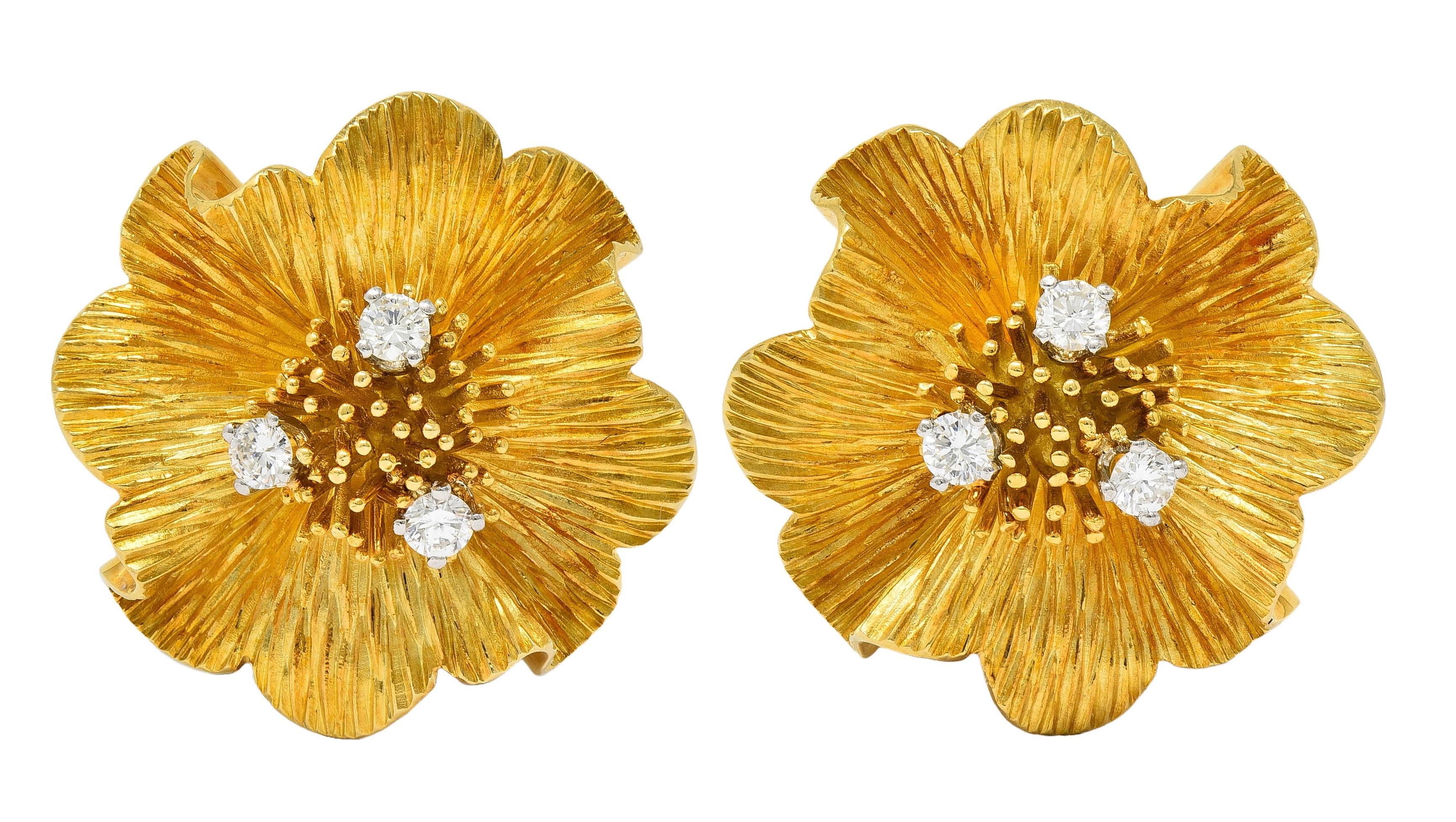 Tiffany & Co. 1960 Diamond 18 Karat Yellow Gold Vintage Flower Ear-Clip Earrings