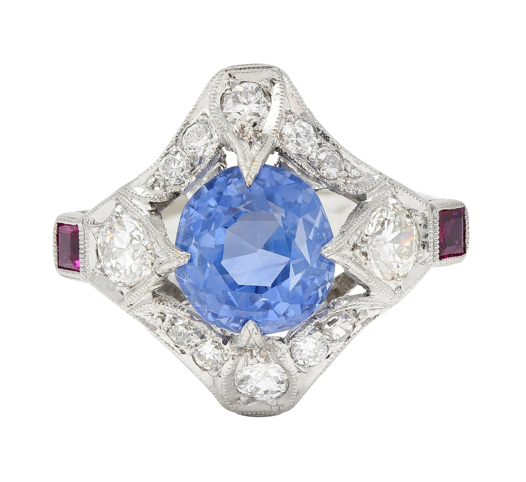 Art Deco 7.92 CTW No Heat Ceylon Sapphire Diamond Ruby Platinum Vintage Ring GIA